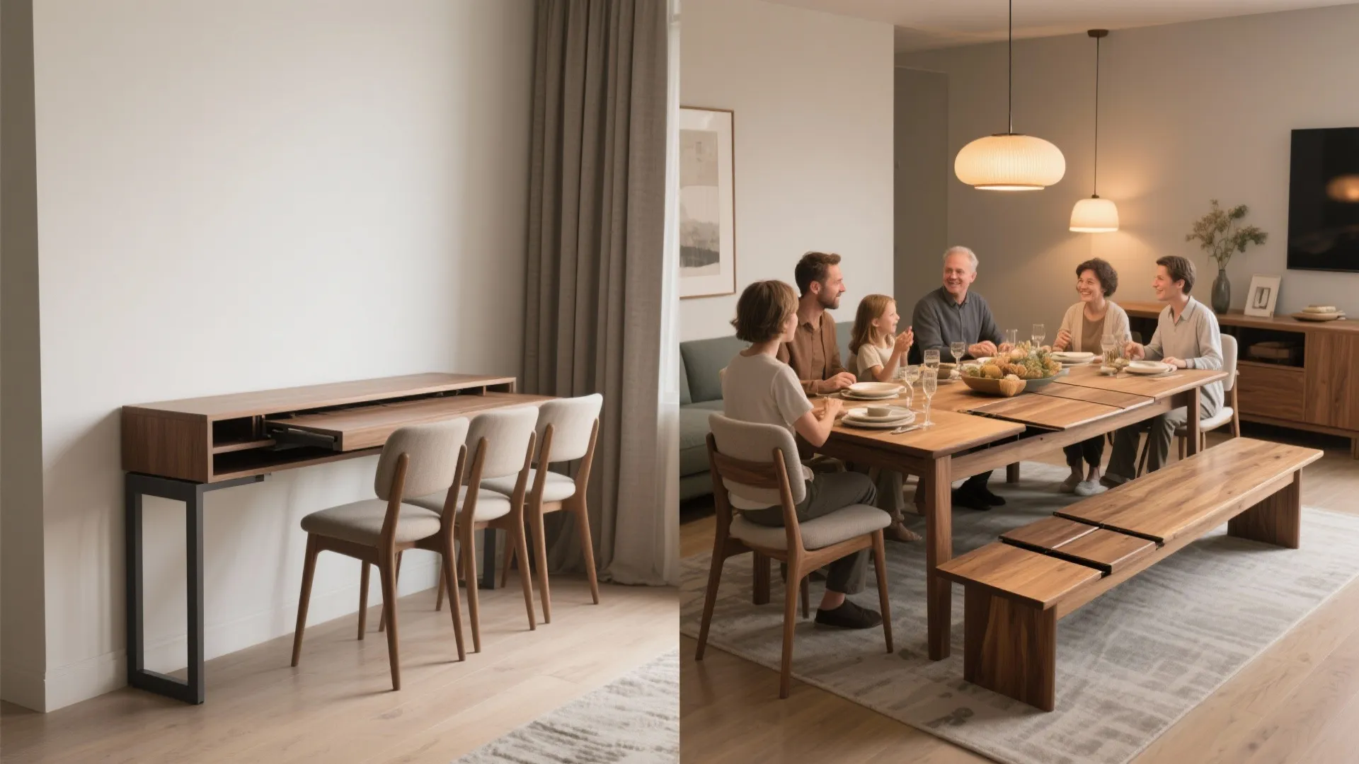 Before and after comparison of a small console table expanding into a large family dining