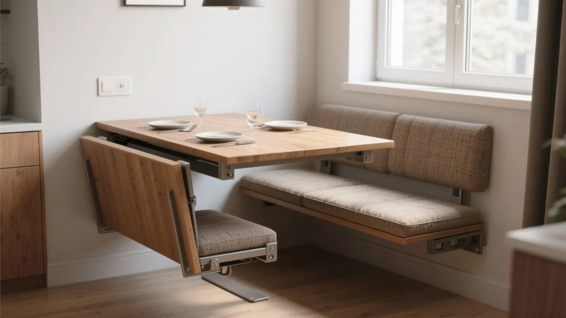 Space saving wall mounted wooden dining table with fold out bench seating and natural window light