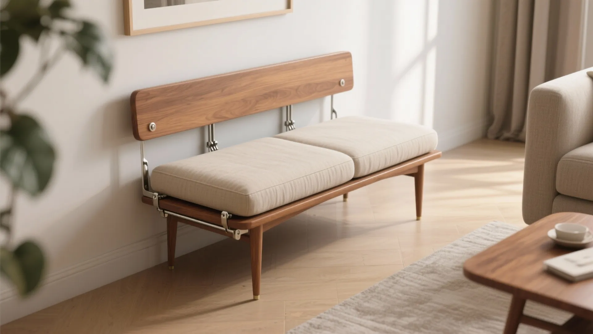 Wooden bench with beige seat cushions and wooden backrest placed against a clean white wall