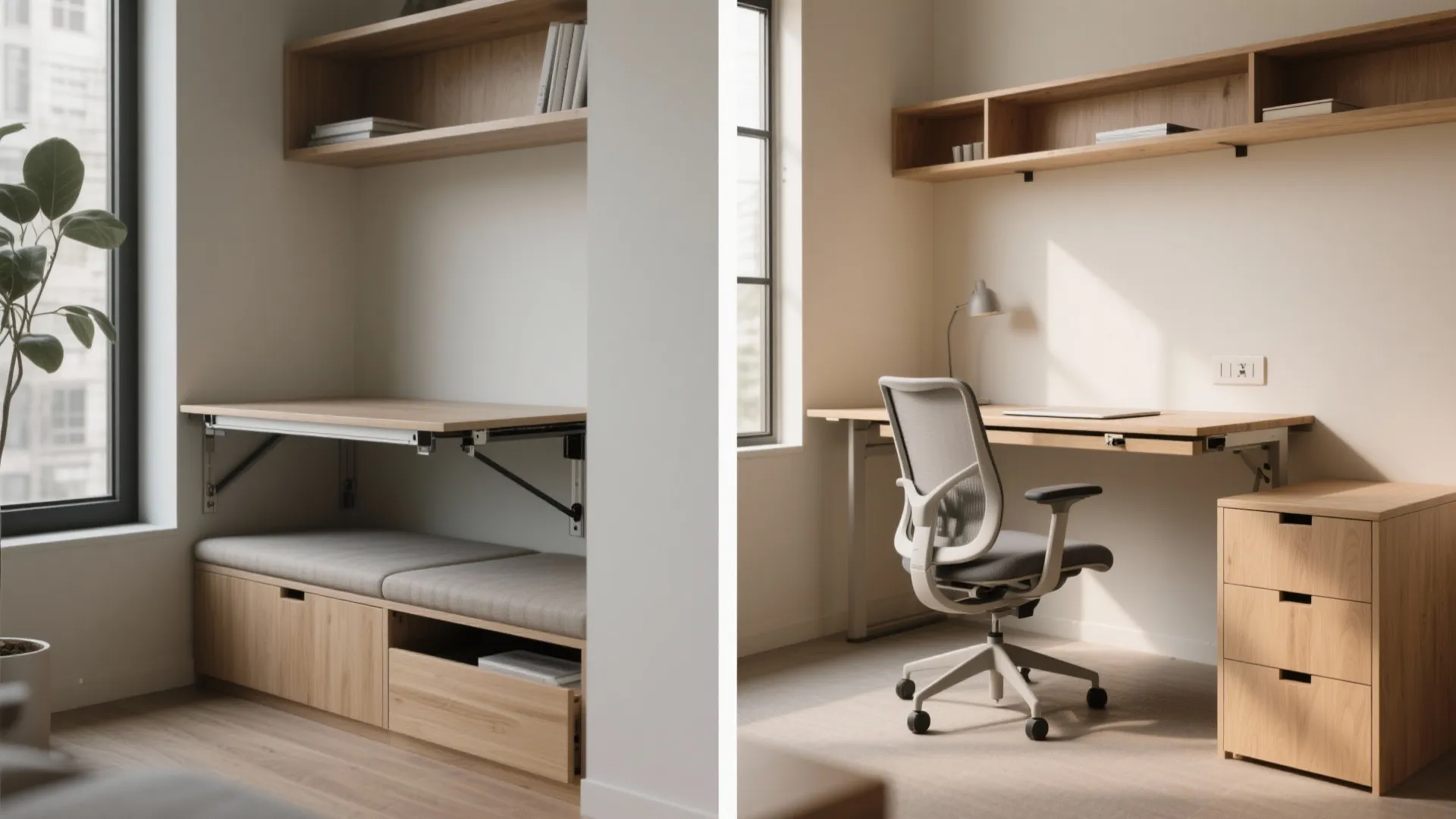 Before and after comparison of a foldable wall desk above a bench and a home office