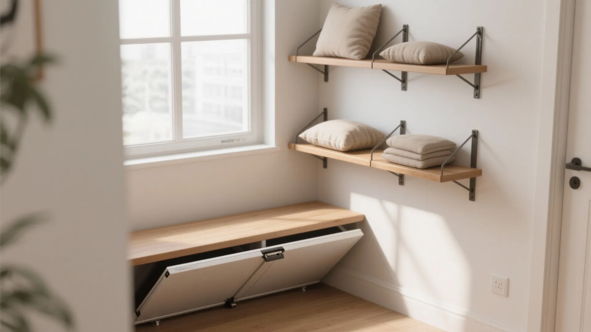 Corner window seat with folding front panel and wooden shelves holding pillows on white walls