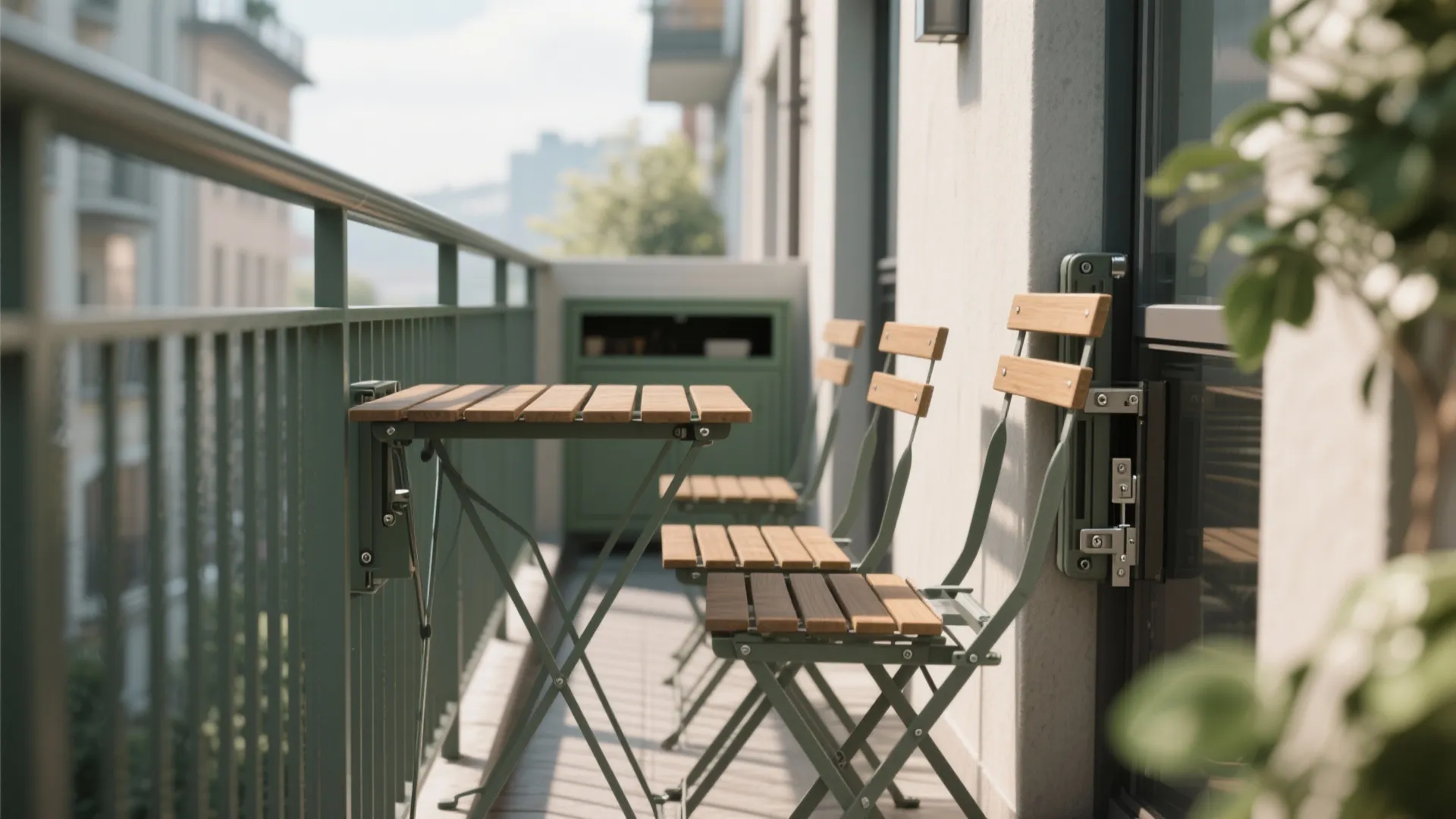Modern outdoor balcony featuring a wall-mounted folding wooden table with matching chairs and green railings