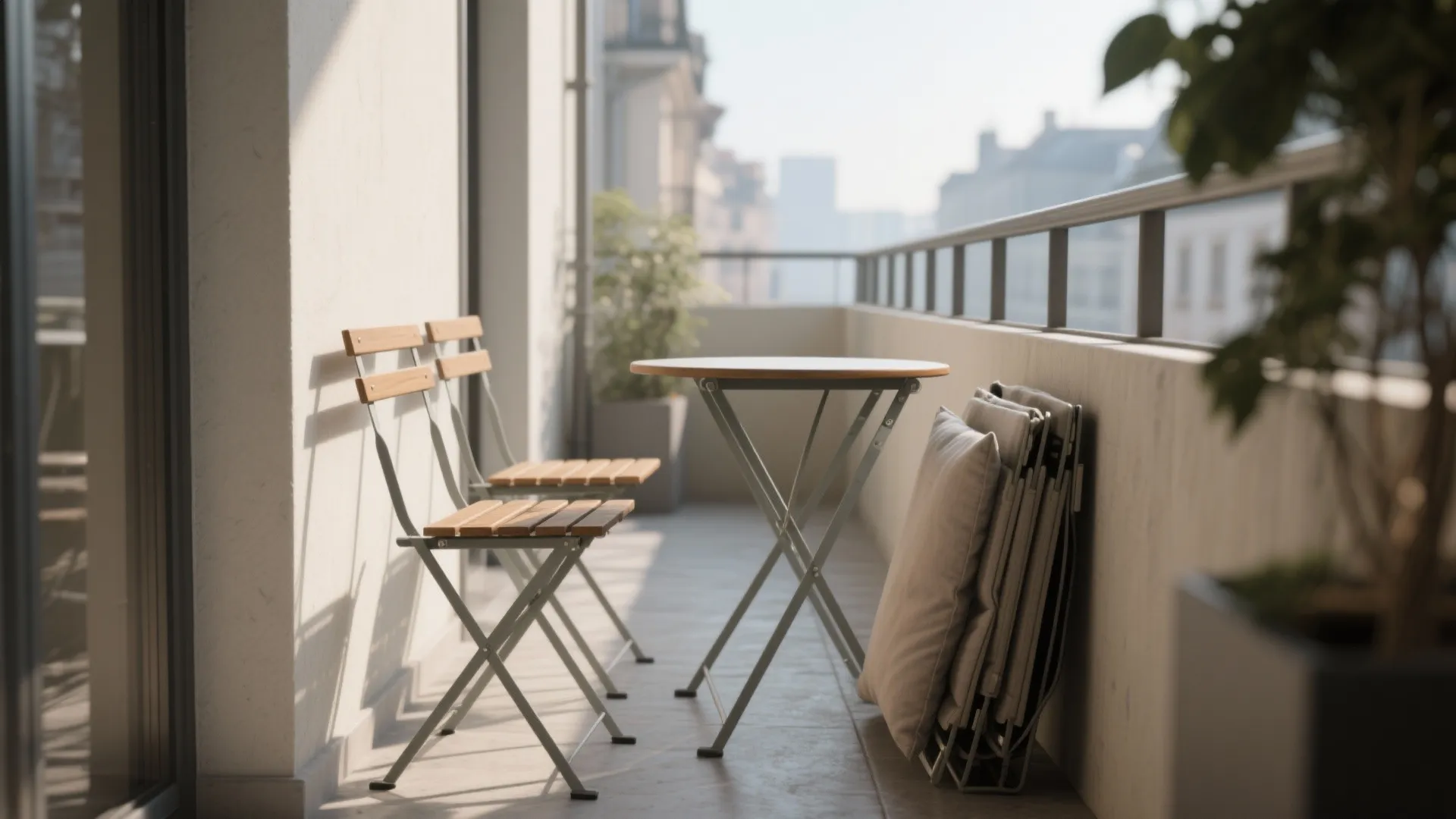 Small balcony with a foldaway bistro set: slim folding chairs and a flip-top table with teak accents.