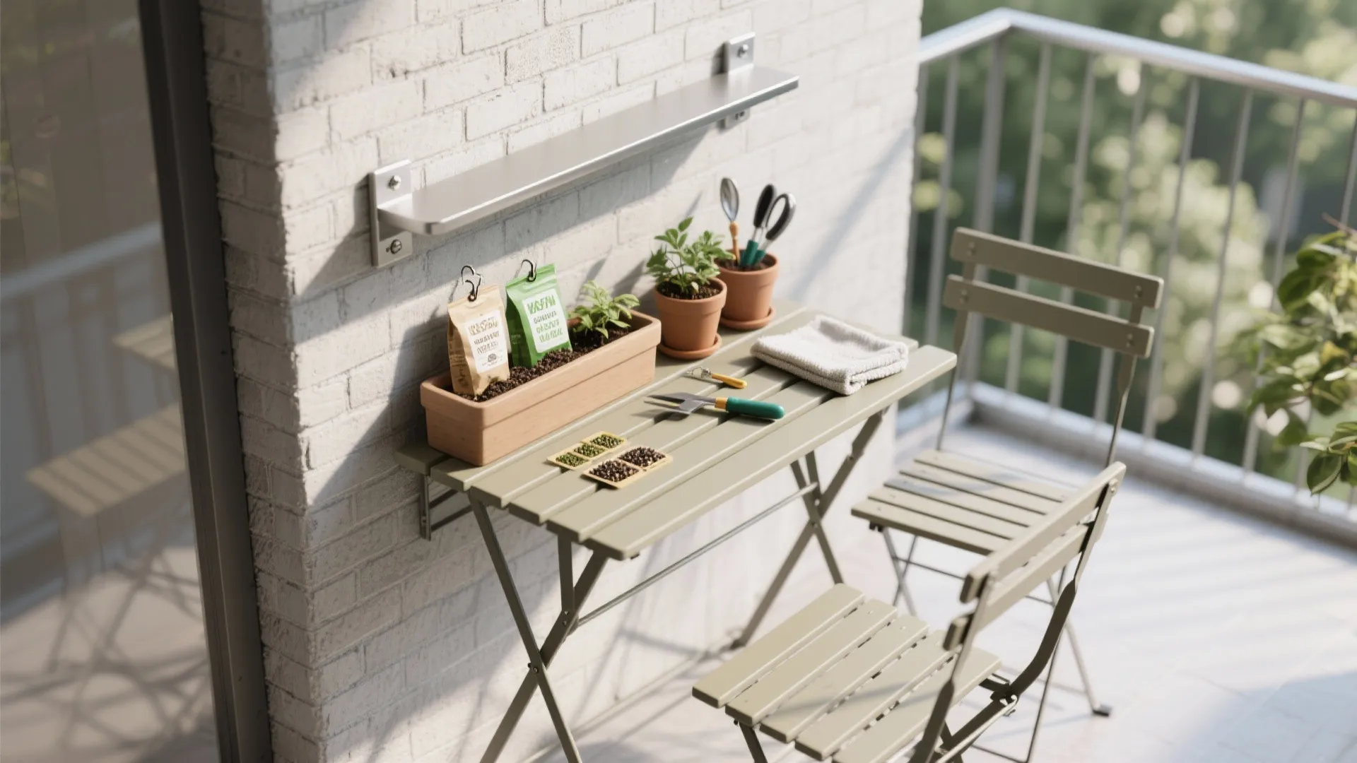 2) Foldaway bistro table that doubles as potting perch