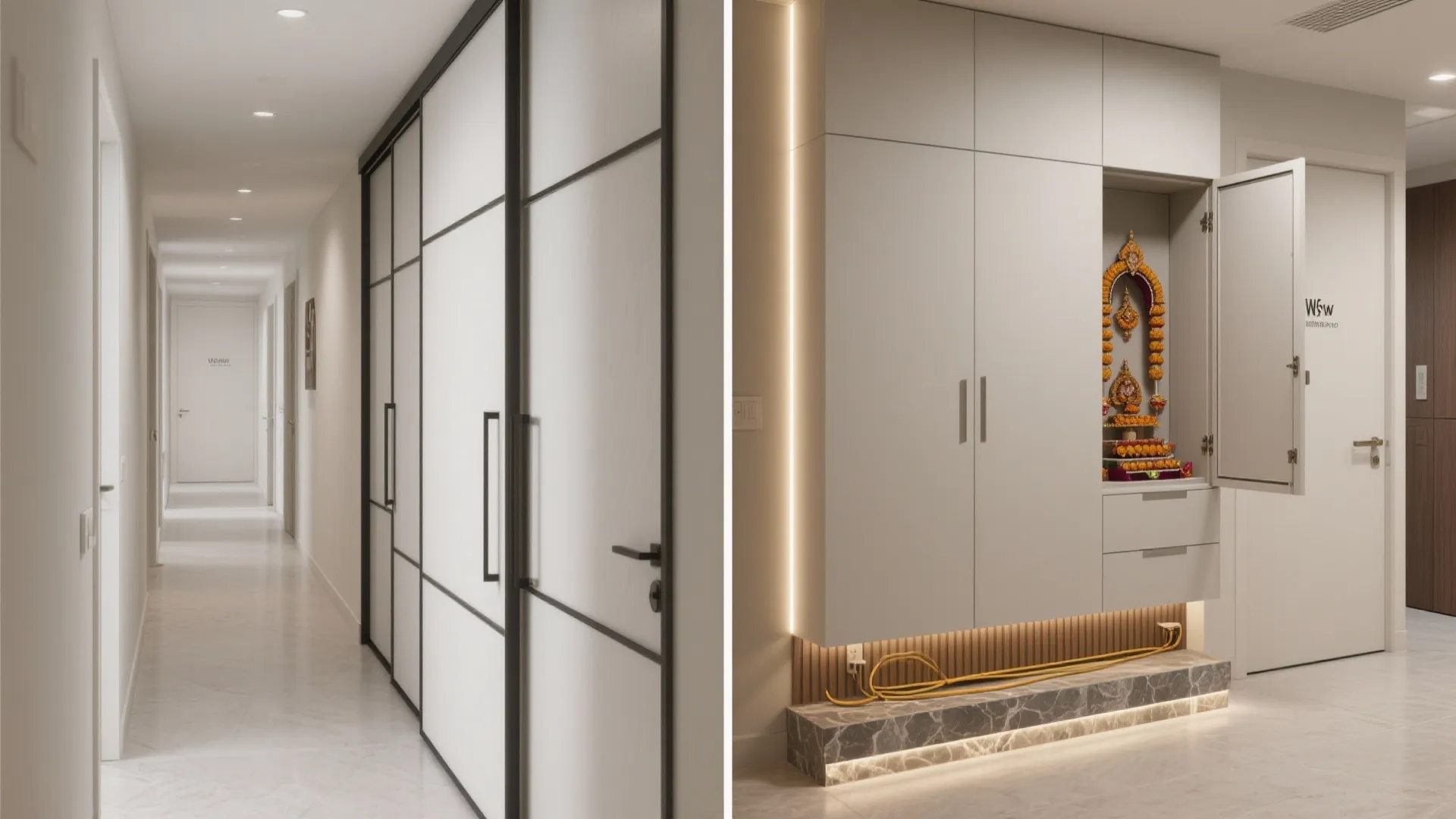 Sliding-door pooja cabinet shown closed and open in a slim corridor.