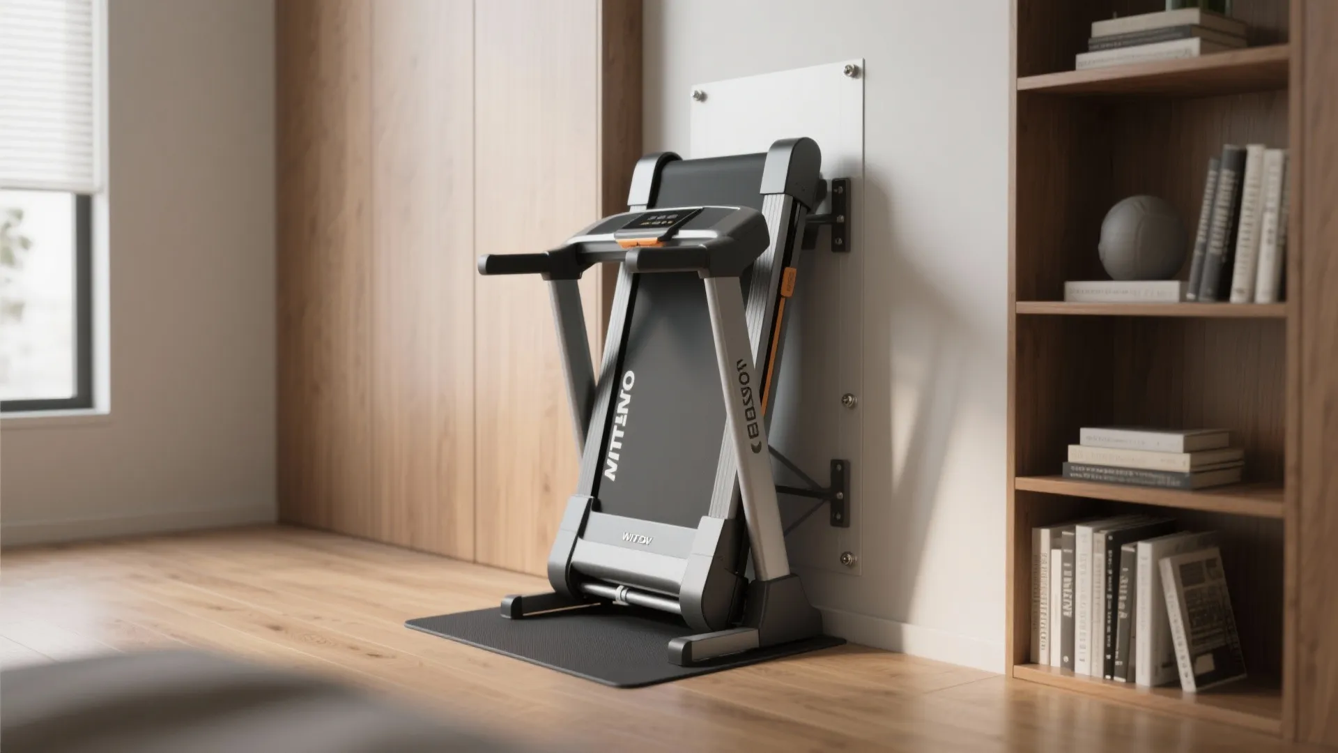 Space saving foldable treadmill stored vertically against white wall next to wooden bookshelf and window