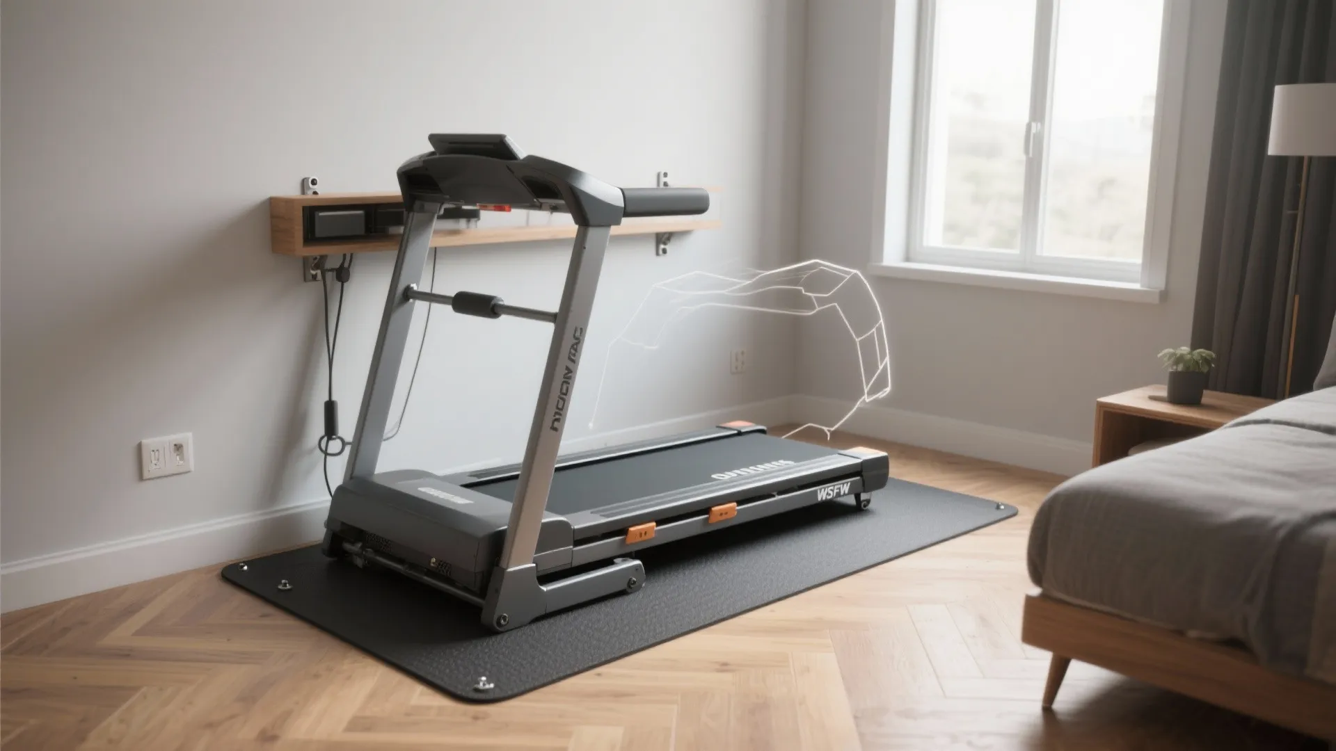 Grey treadmill placed on a black mat inside a bedroom with wooden floors and window