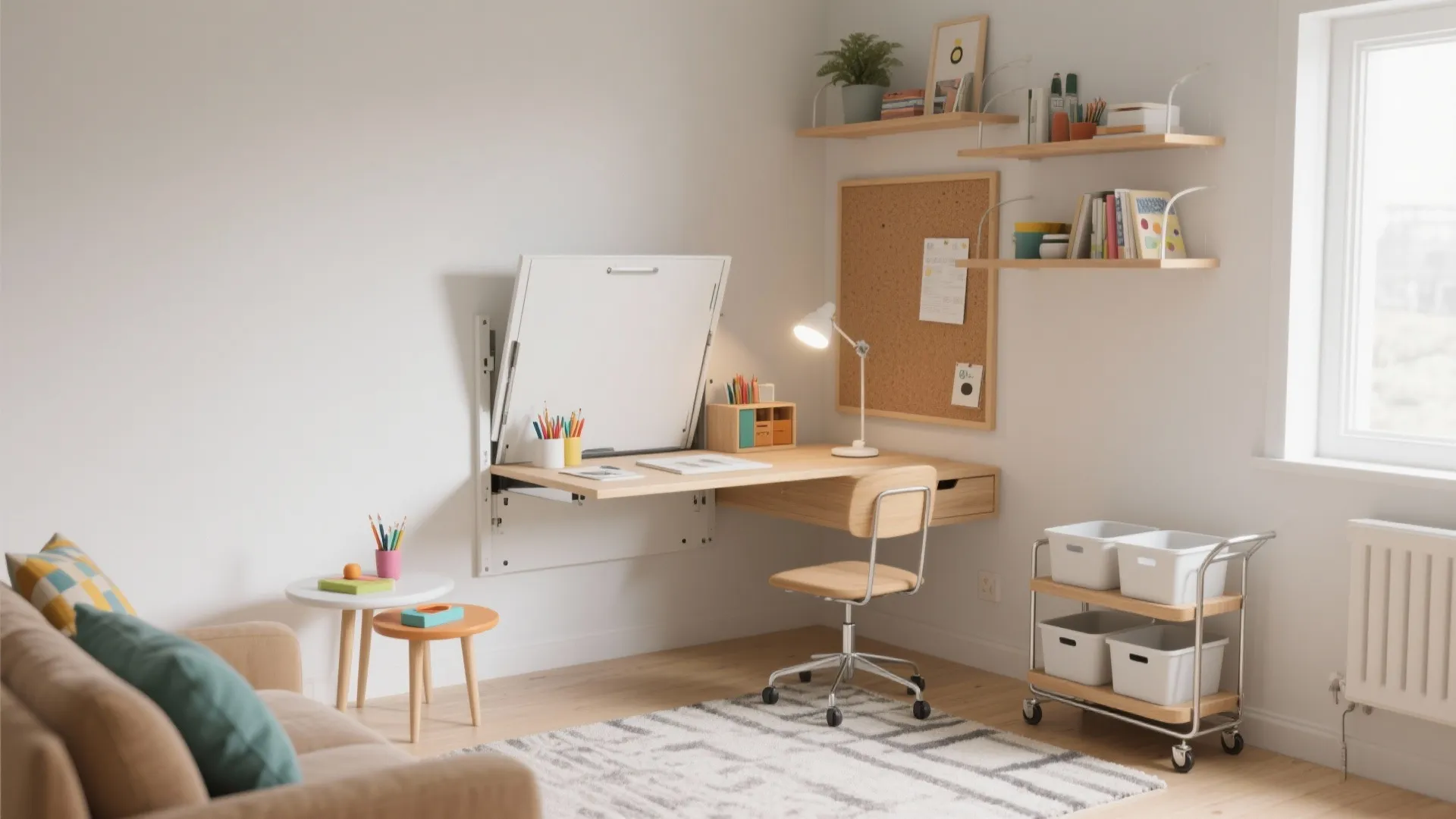 Small home office with wall mounted folding desk wooden chair wall shelves and storage cart