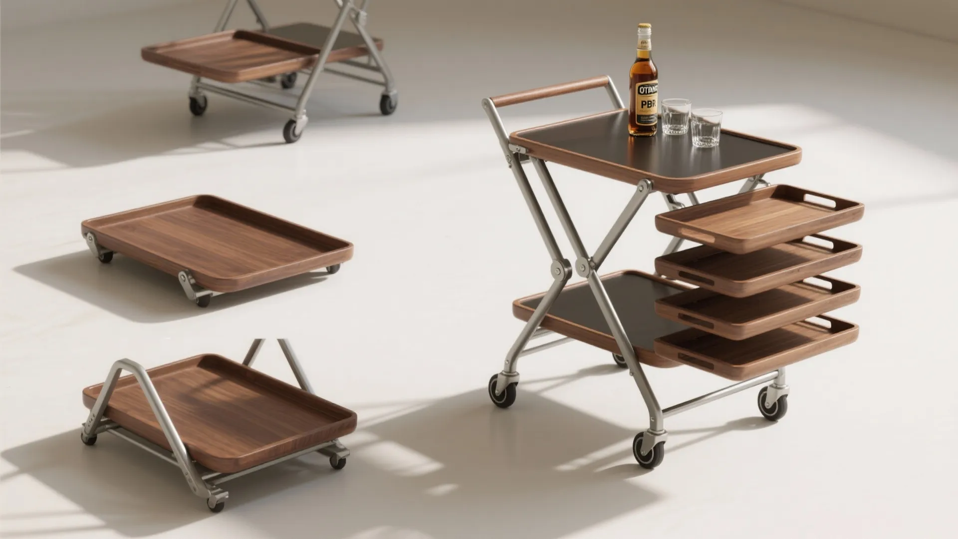 Top-down three-state layout of a folding bar cart showing folding legs and removable tray