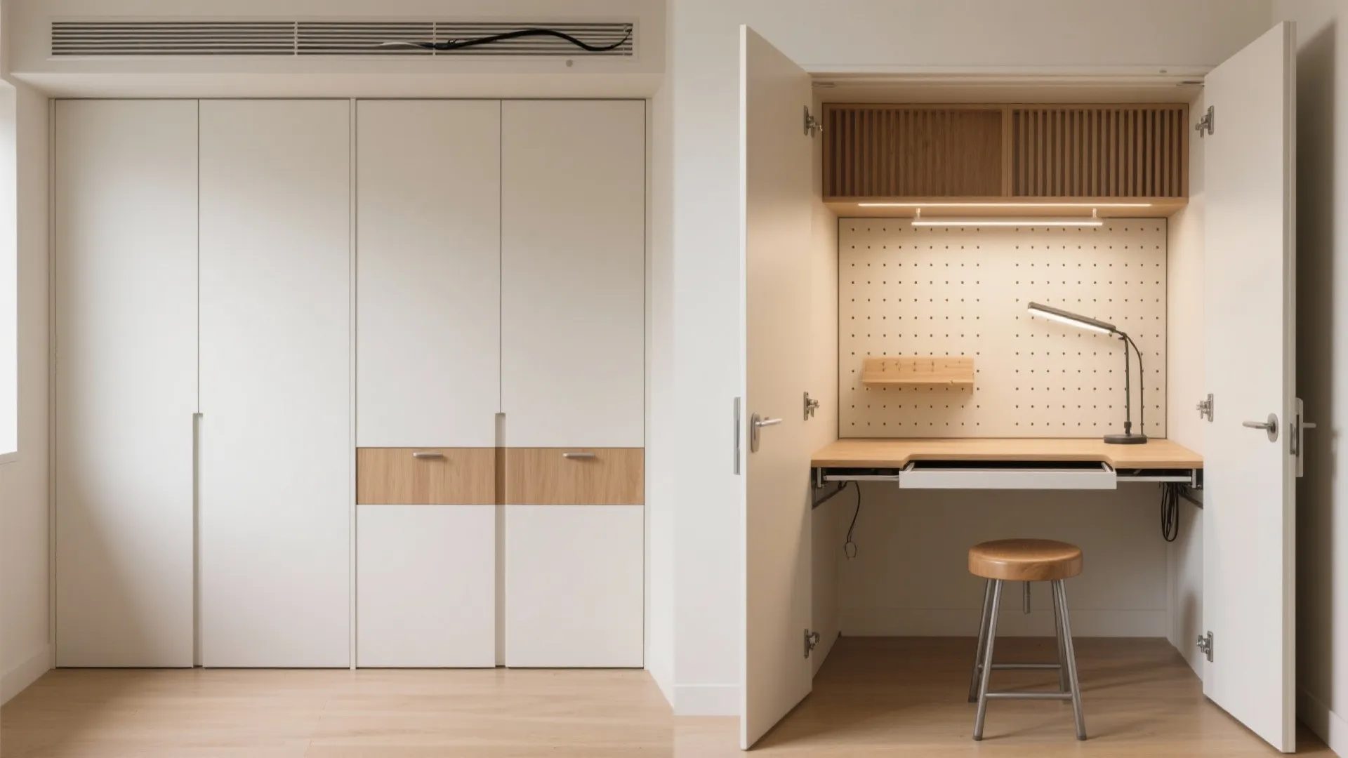 White wardrobe with hidden foldaway desk featuring pegboard storage wooden stool and small desk lamp
