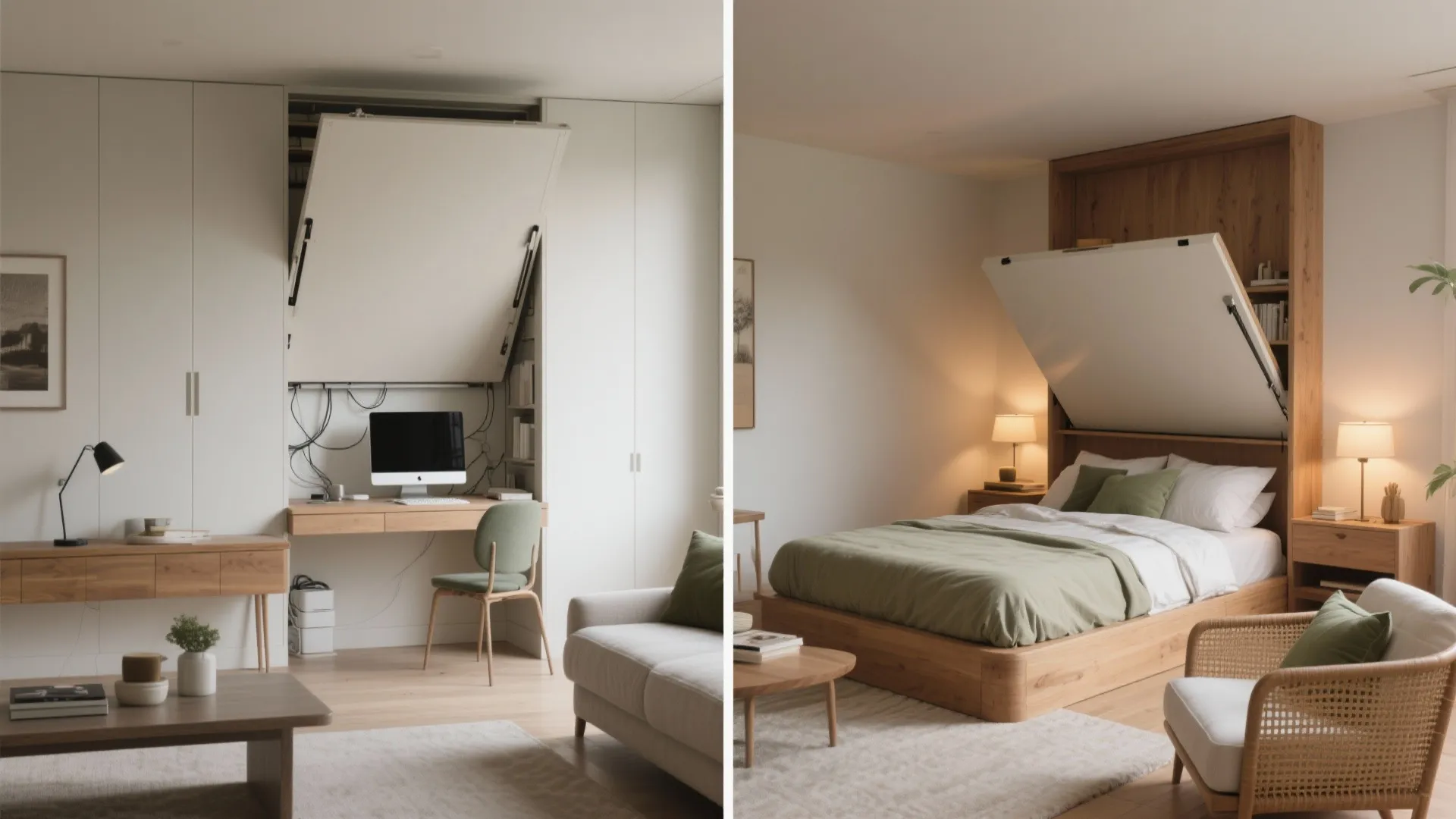 Foldaway furniture for hybrid living: work, lounge, and host