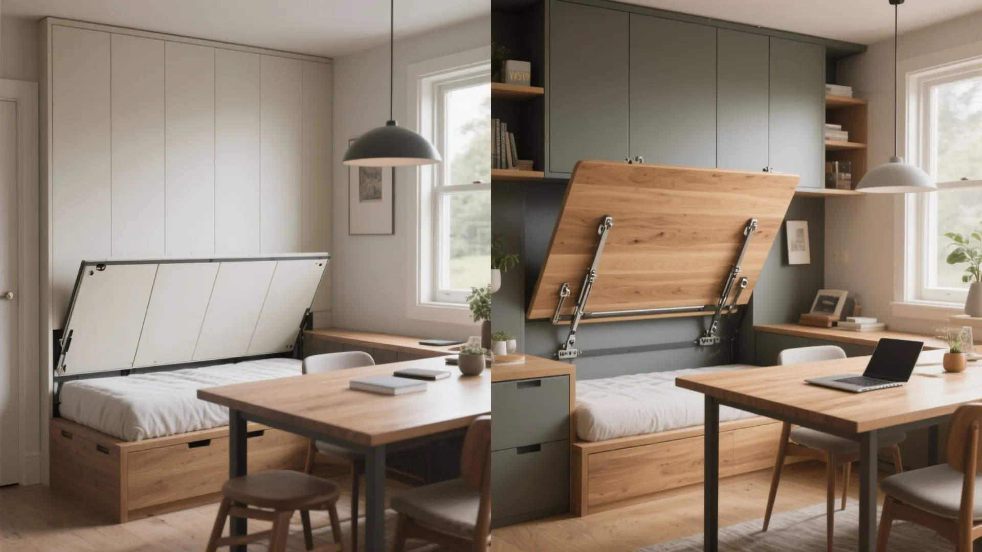 Side-by-side comparison of two home office rooms featuring fold-down wall beds and wooden work desks