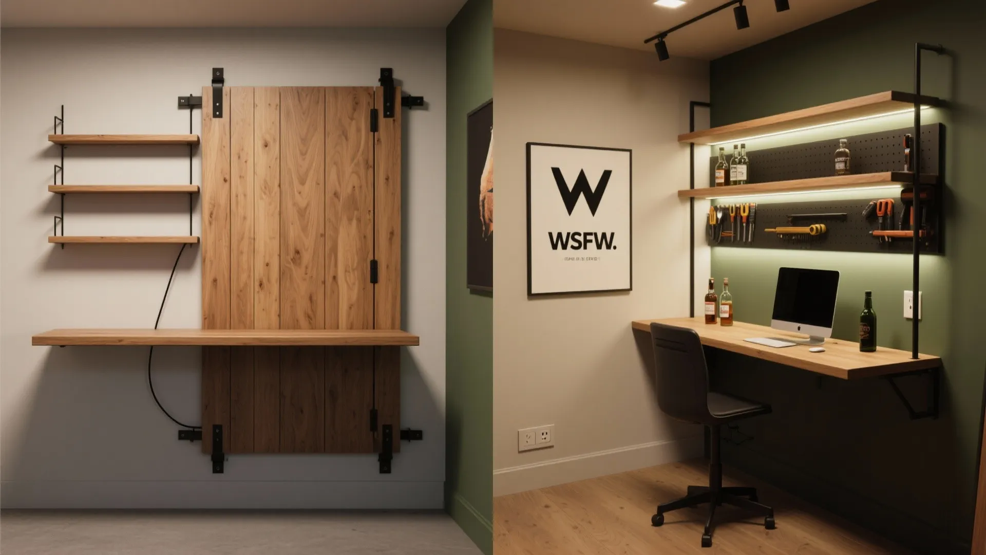Before and after showing a wooden wall desk folded up versus an open home office workspace