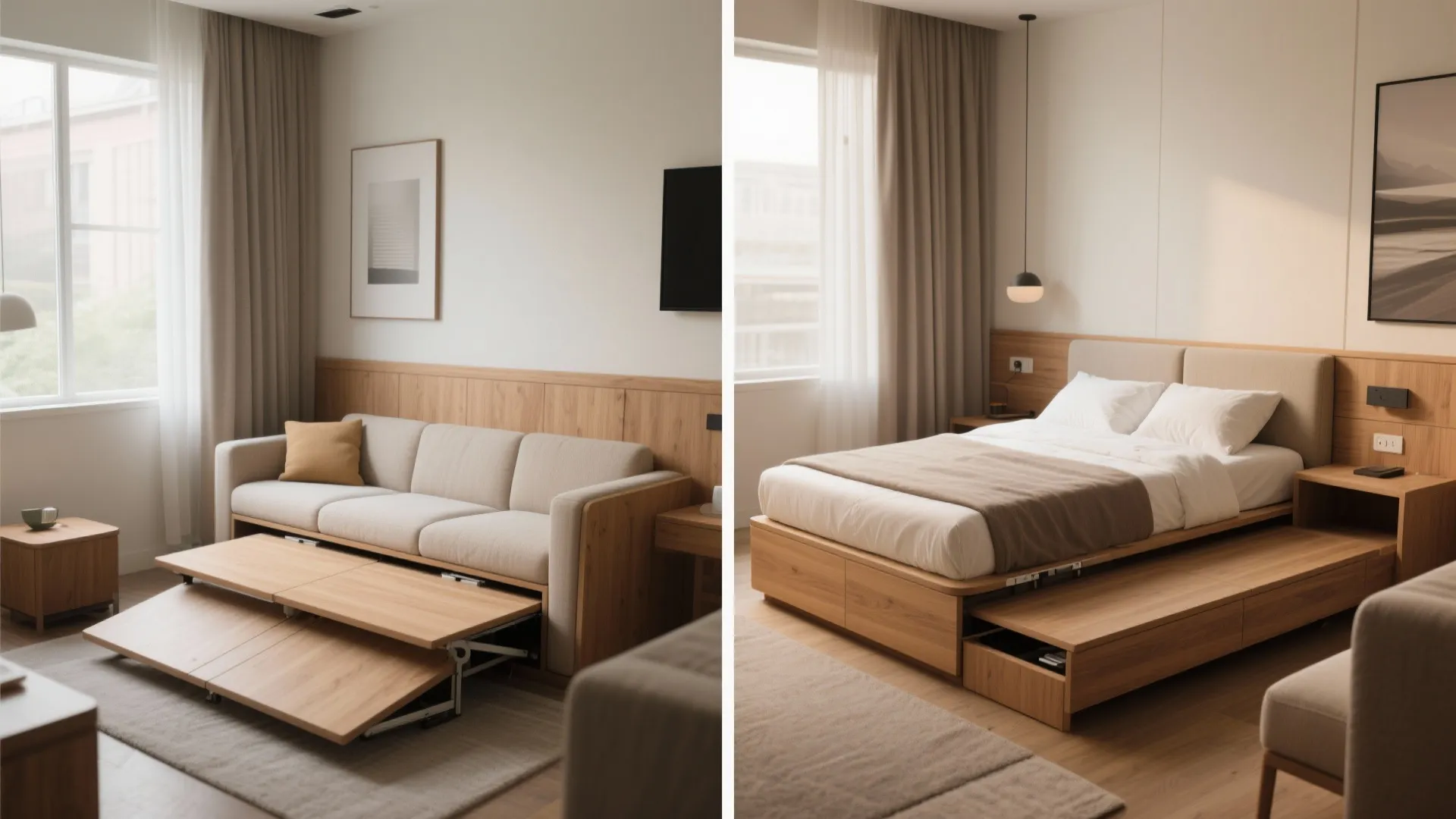 Split-screen showing a compact lounge folded away and converted into a guest bed in a small room.