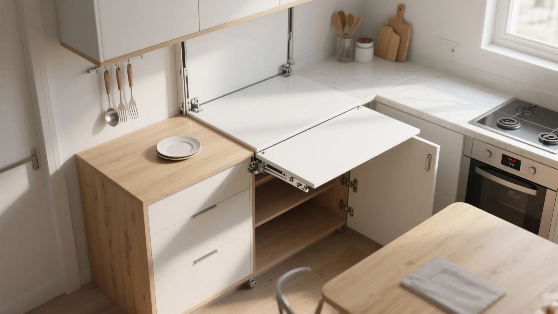 Space saving kitchen design featuring a white fold out table from a wooden storage cabinet