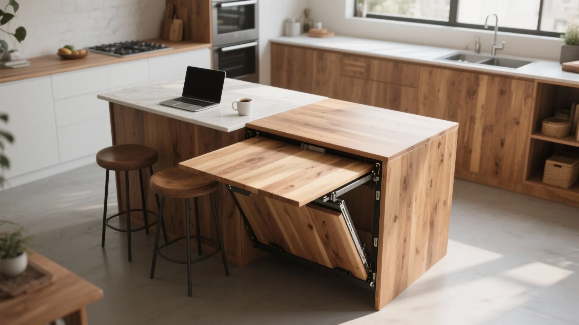 Foldaway butcher-block counter used as dining and prep space in a studio kitchen.