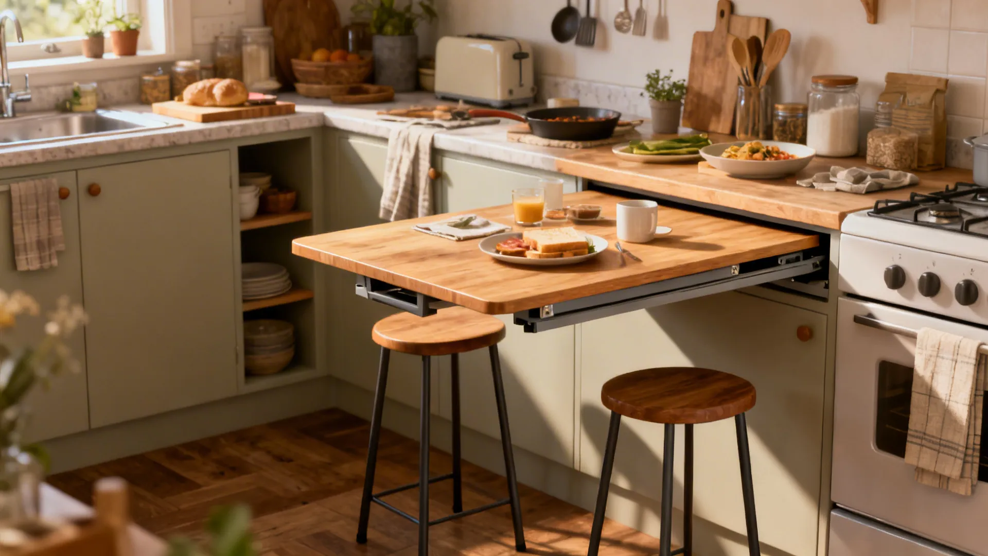 Small kitchen using a foldaway breakfast ledge as extra prep and dining surface with stools tucked away