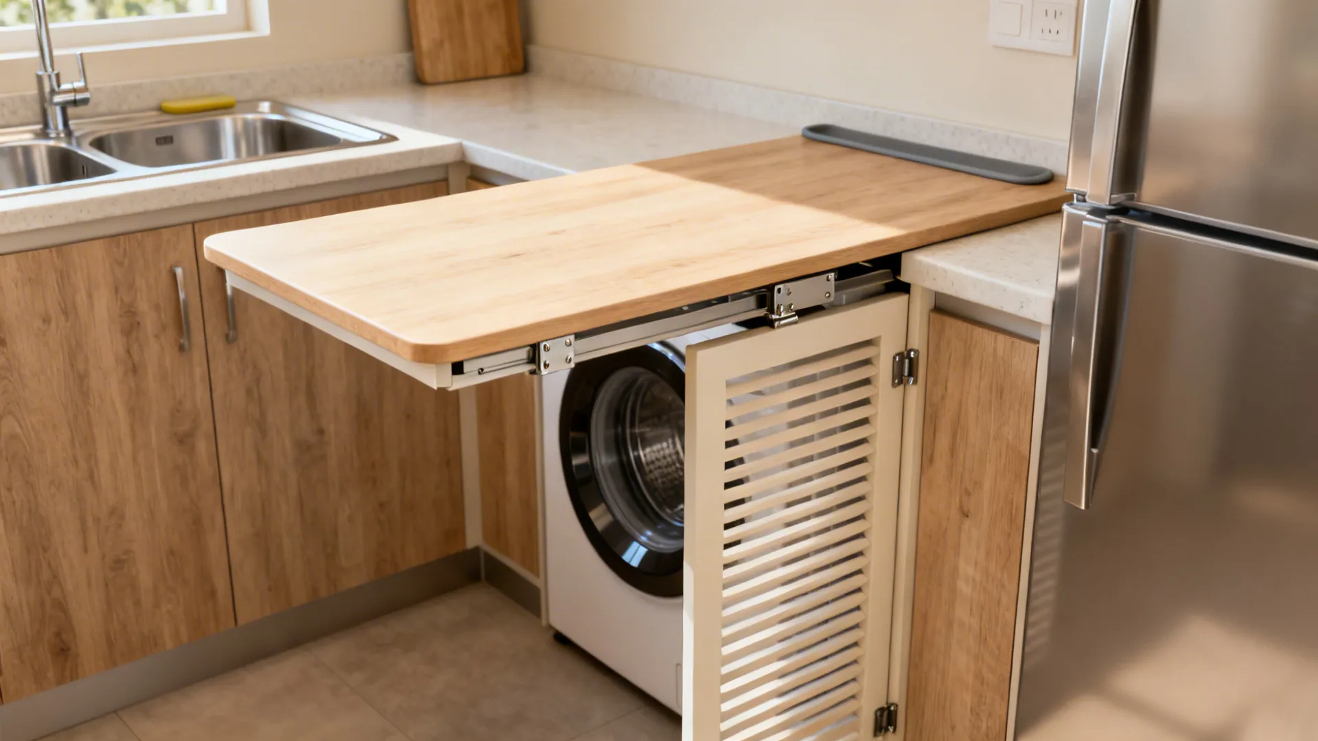 Fold-down counter above a front-load washer with slatted door in a small Indian utility area.