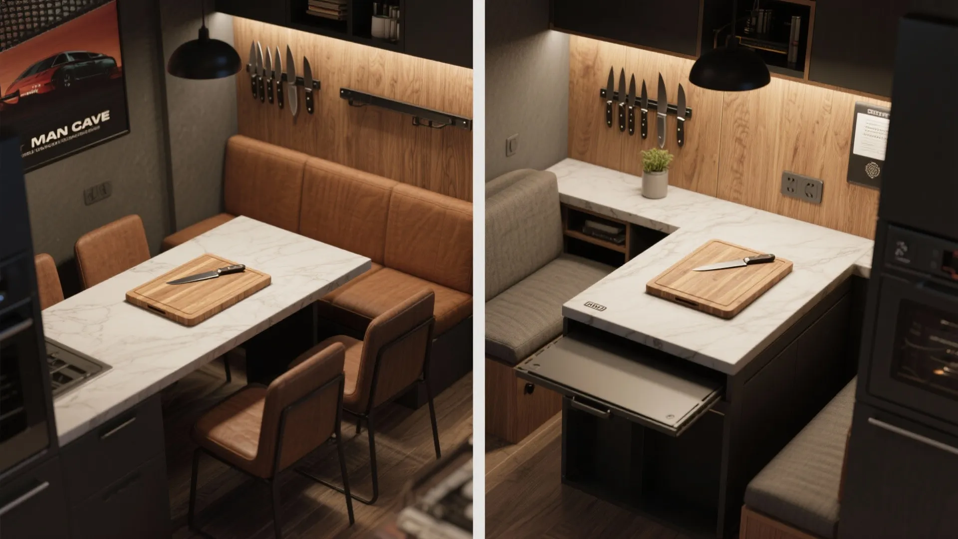 Small dining area with marble table brown leather chairs and a hidden pull out counter extension
