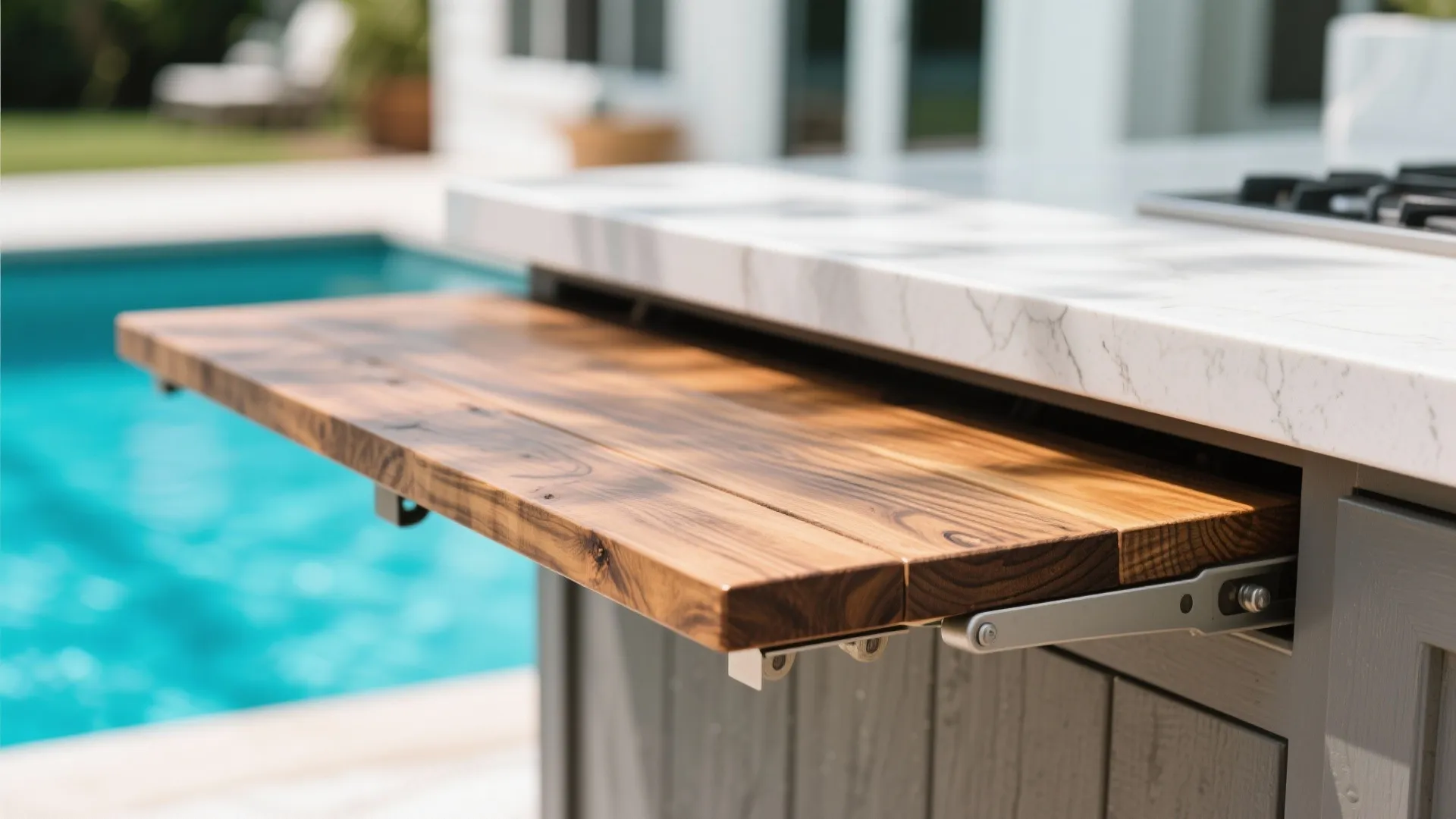 Outdoor kitchen island with a sliding wood extension board under a white marble stone countertop
