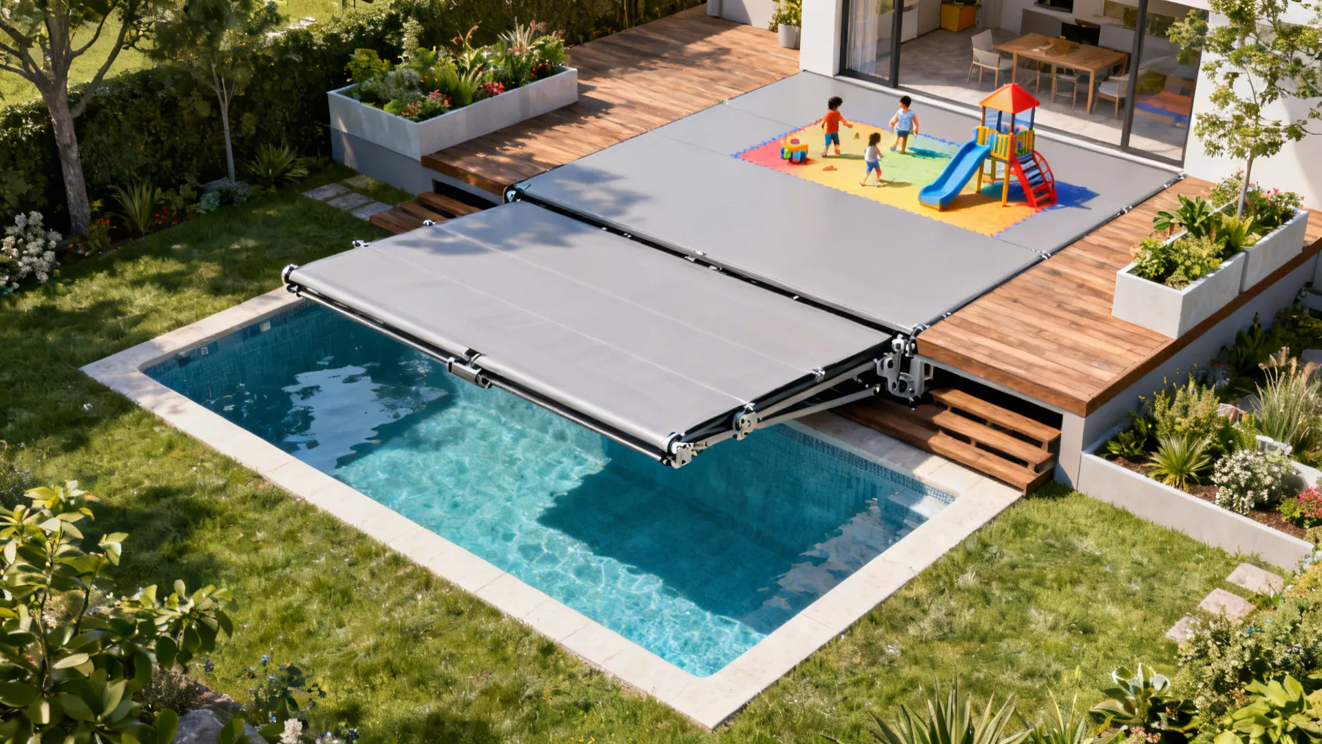Top-down view of a retractable pool cover serving as a patio platform in a small yard.