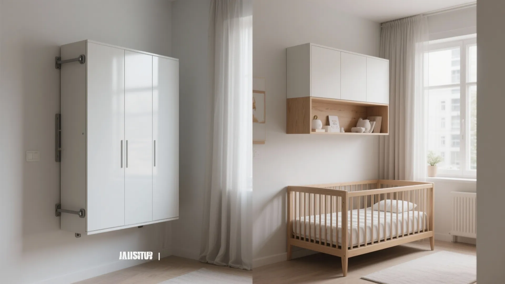 White wall mounted cabinet comparison with a wooden baby crib and storage shelves in room
