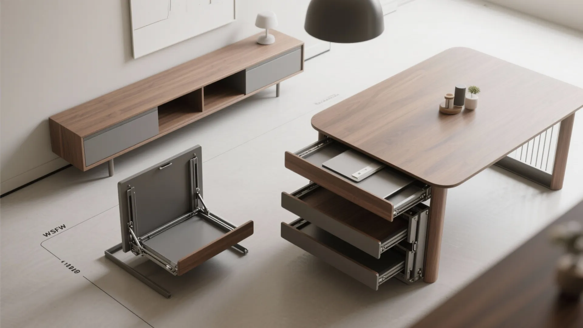 Top-down view of a slim console folding into a dining table and a fold-down desk showing transformable furniture in use.