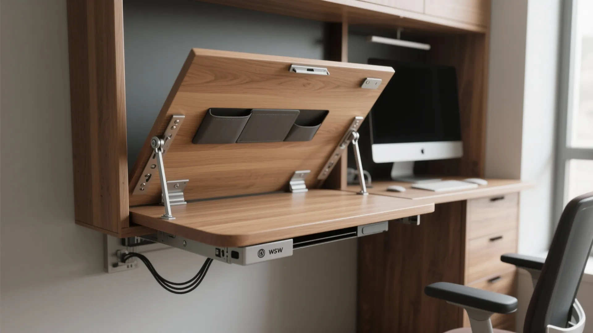 Wooden wall mounted fold out desk showing functional storage pockets and workspace for a computer