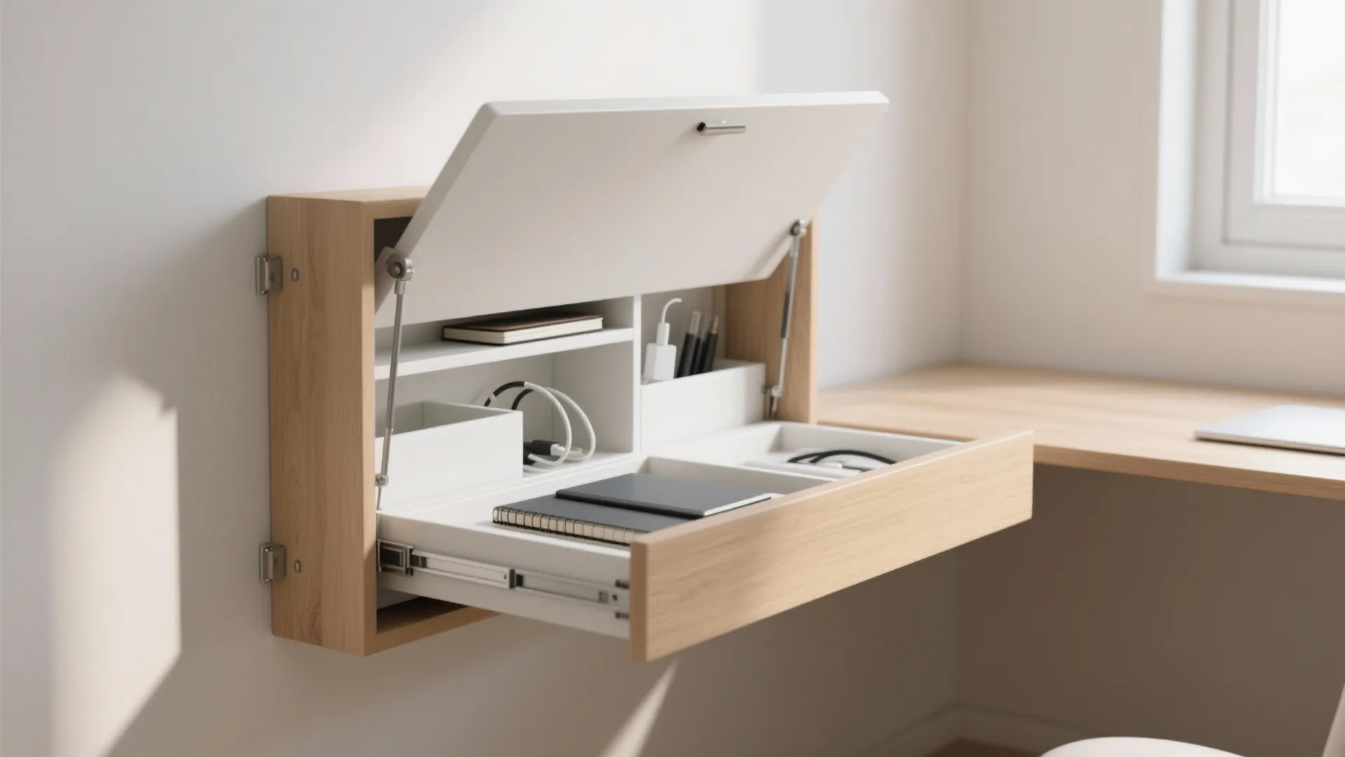 Wall mounted white and wood folding desk showing storage for notebooks pens and office supplies inside