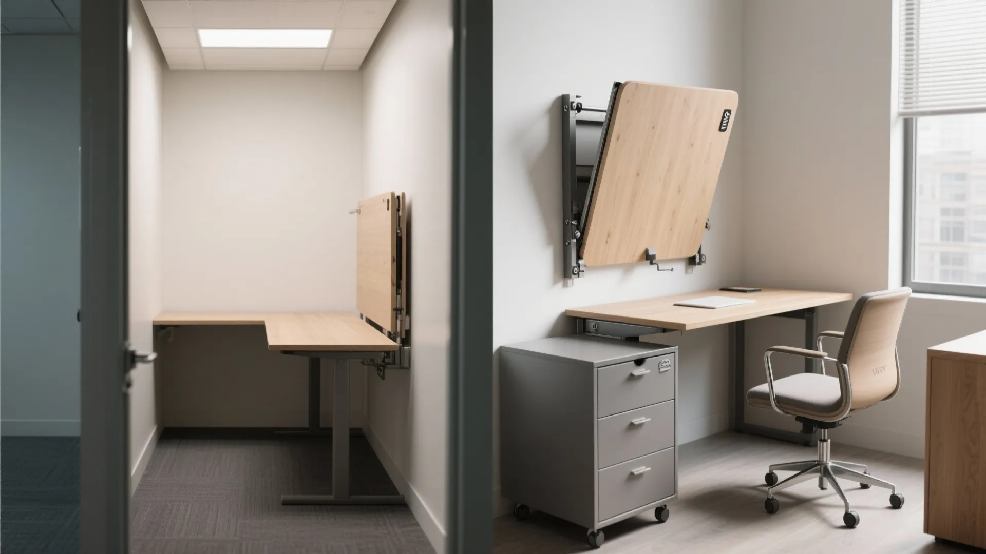 Before-and-after view of a small office transformed by a wall-mounted fold-down desk and rolling storage to save space.