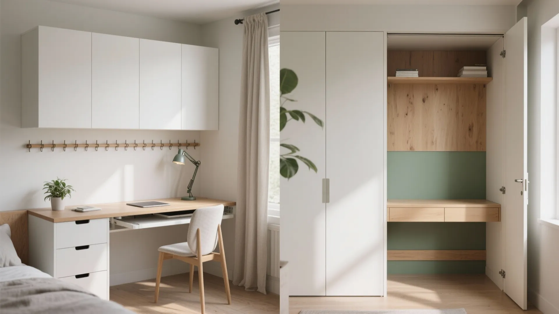 Side by side view of a white wall desk and a hidden closet office workspace
