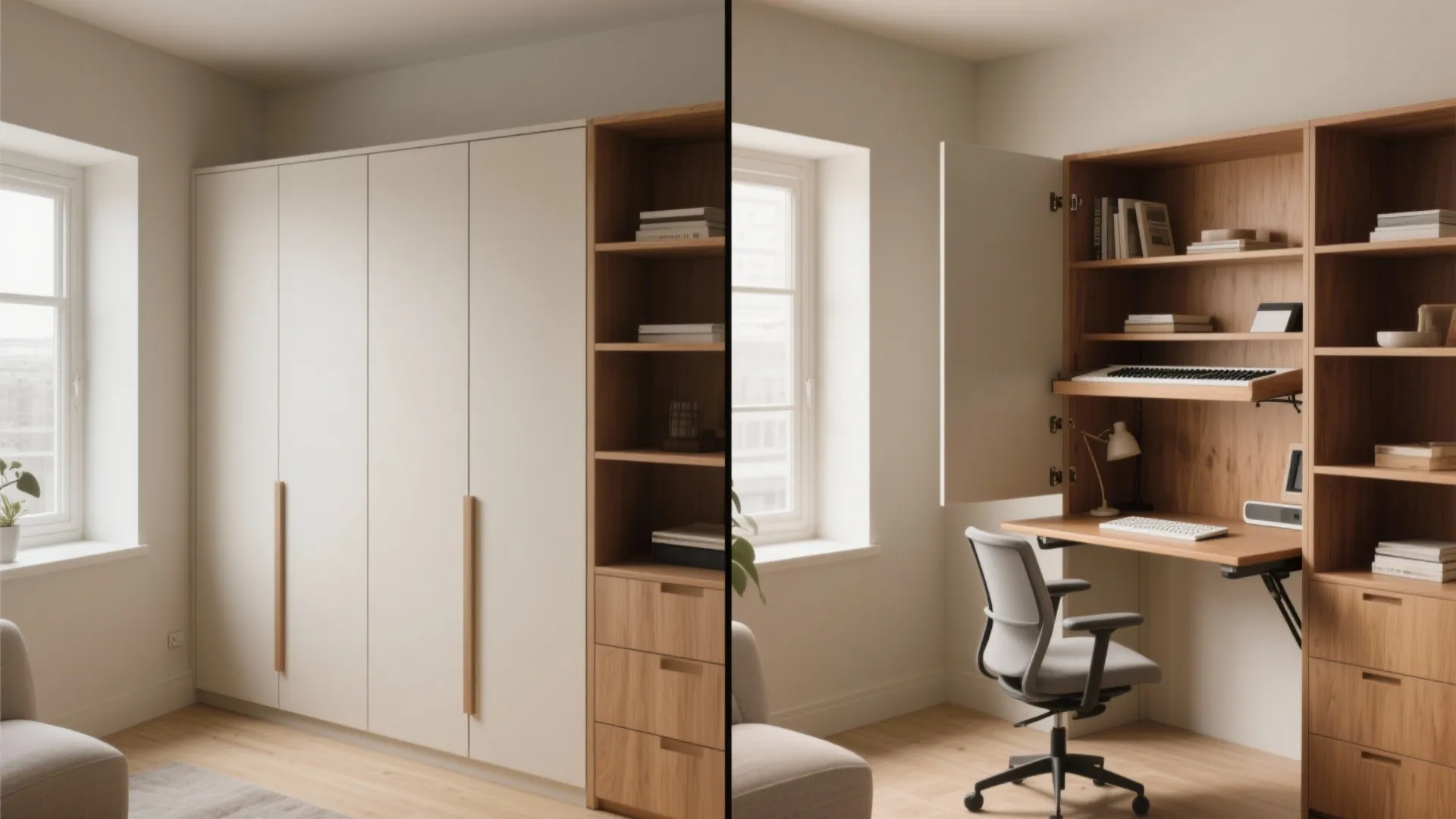 Side by side comparison of a closed white cabinet and a hidden fold down desk