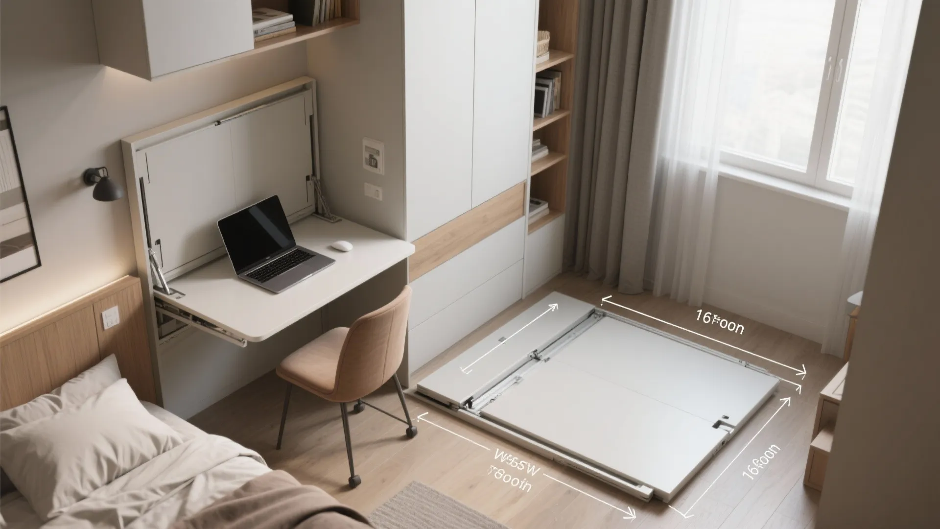 Modern small bedroom featuring a fold-out desk with laptop and a white cabinet with shelving