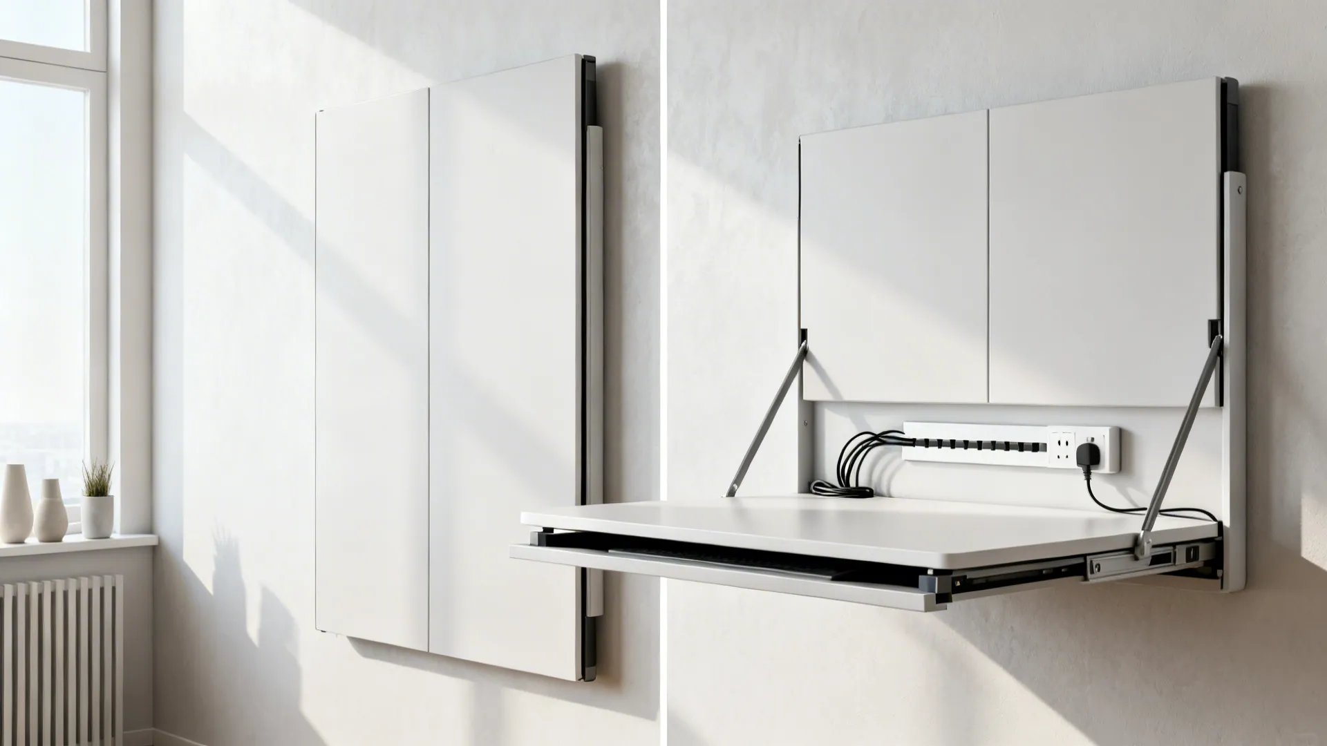 White wall mounted folding desk in closed and open positions with built in power strip
