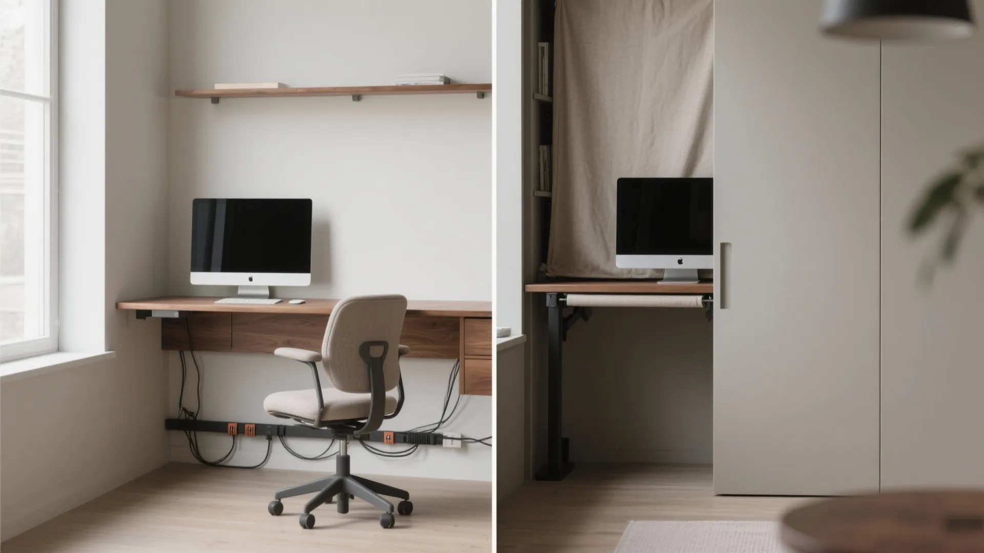Before and after comparison of a home office desk transformed into a hidden cabinet workspace