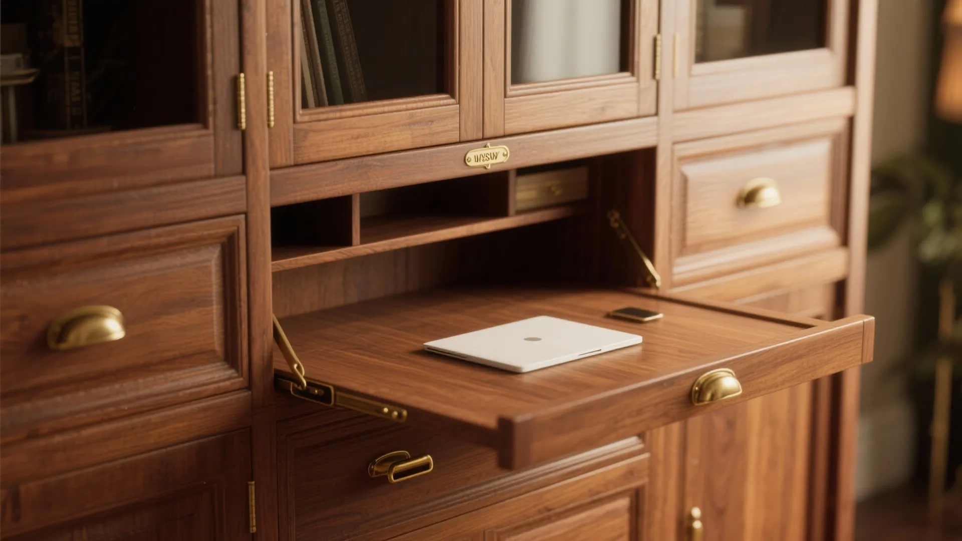Vintage cabinet with built-in foldaway desk and warm wood finish