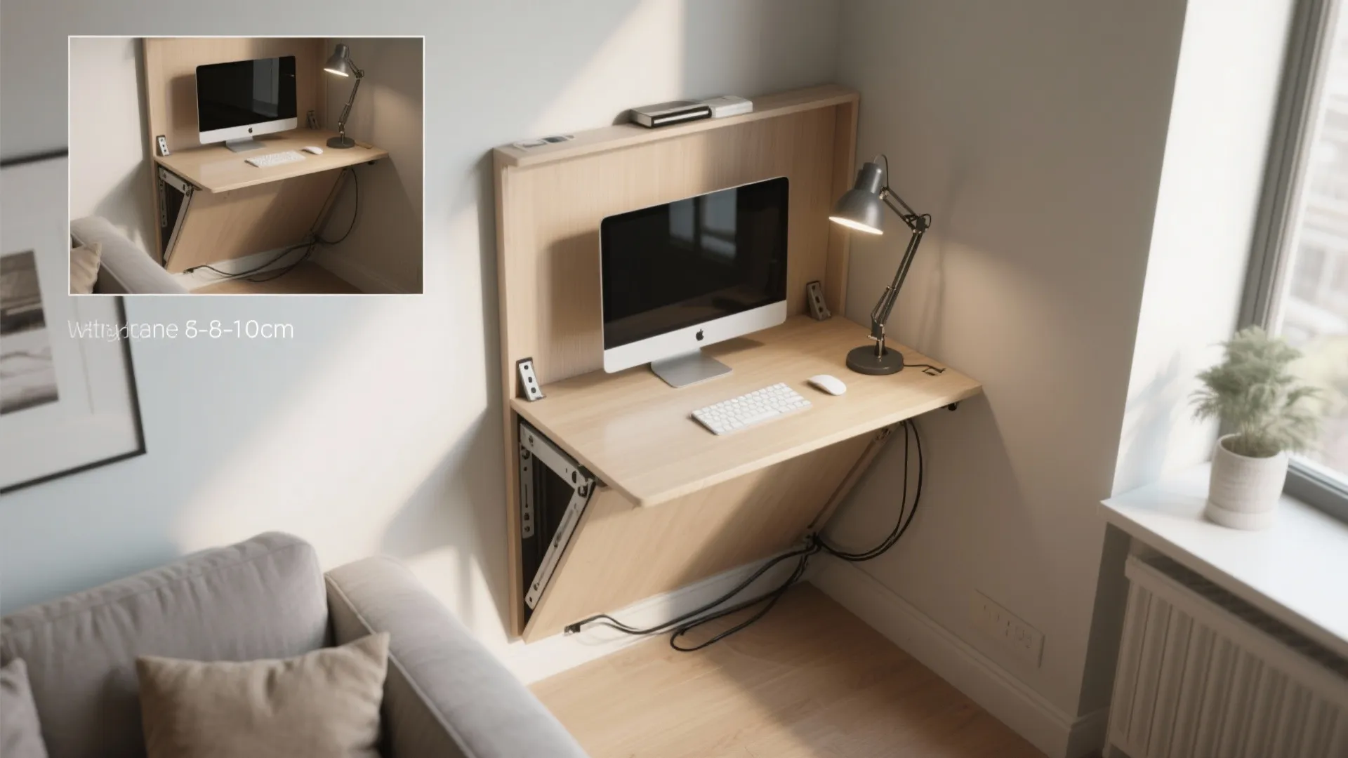 Foldaway drop-down desk tucked into a living area with visible hinge and cable clearance
