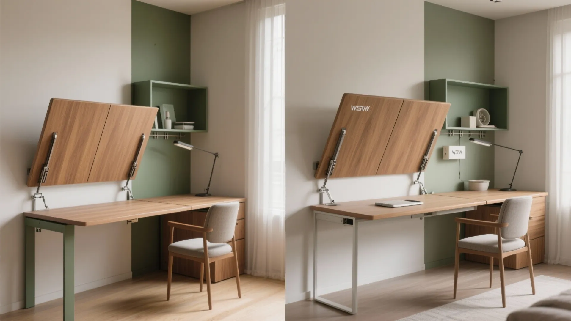 Side by side comparison of two wall mounted wooden desks with green wall and chairs