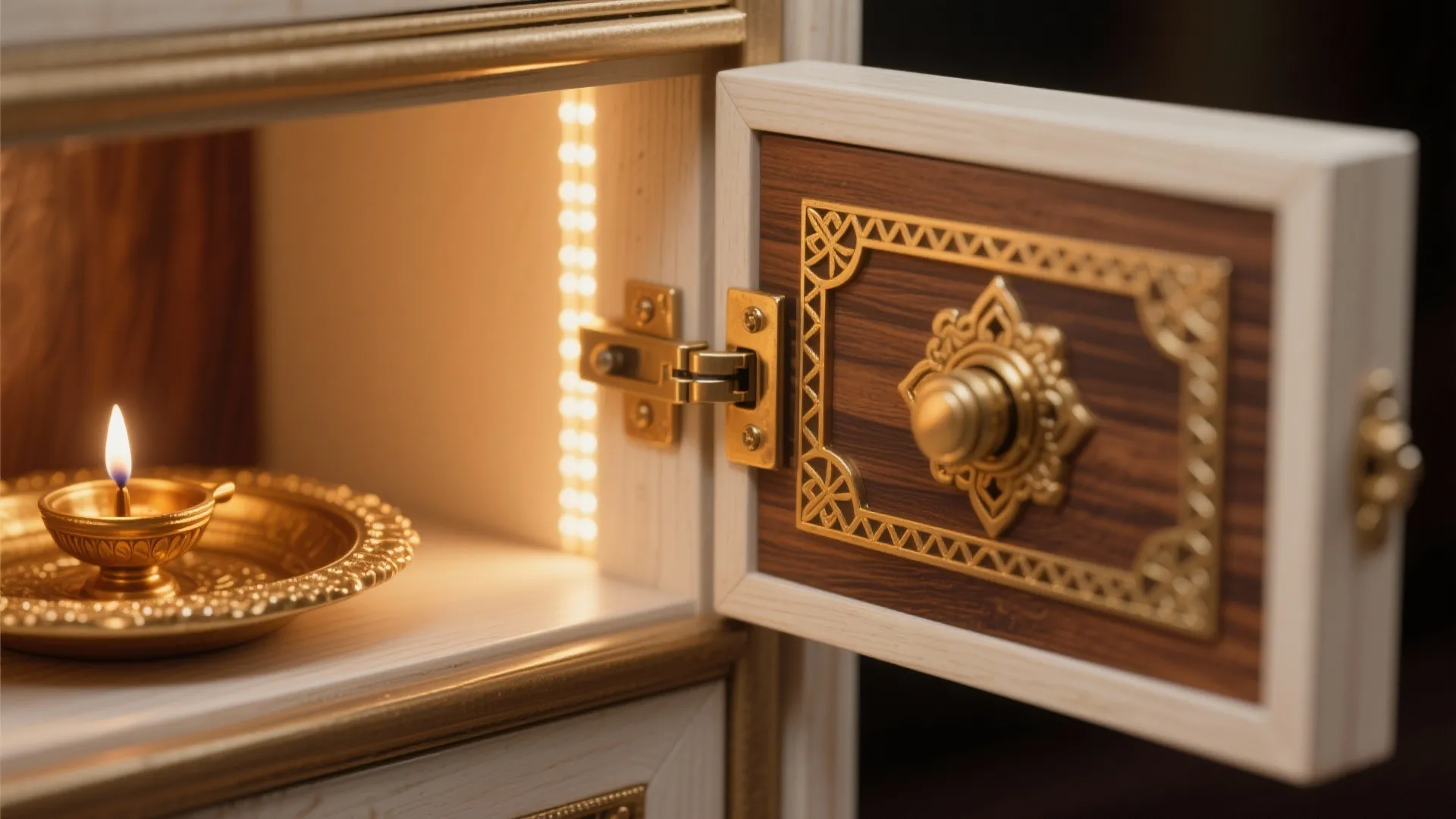 Close up of an open wooden cabinet door with gold handle and warm light inside