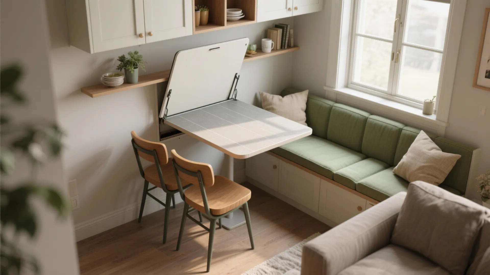 Space saving fold down dining table in small room with green bench seating and chairs