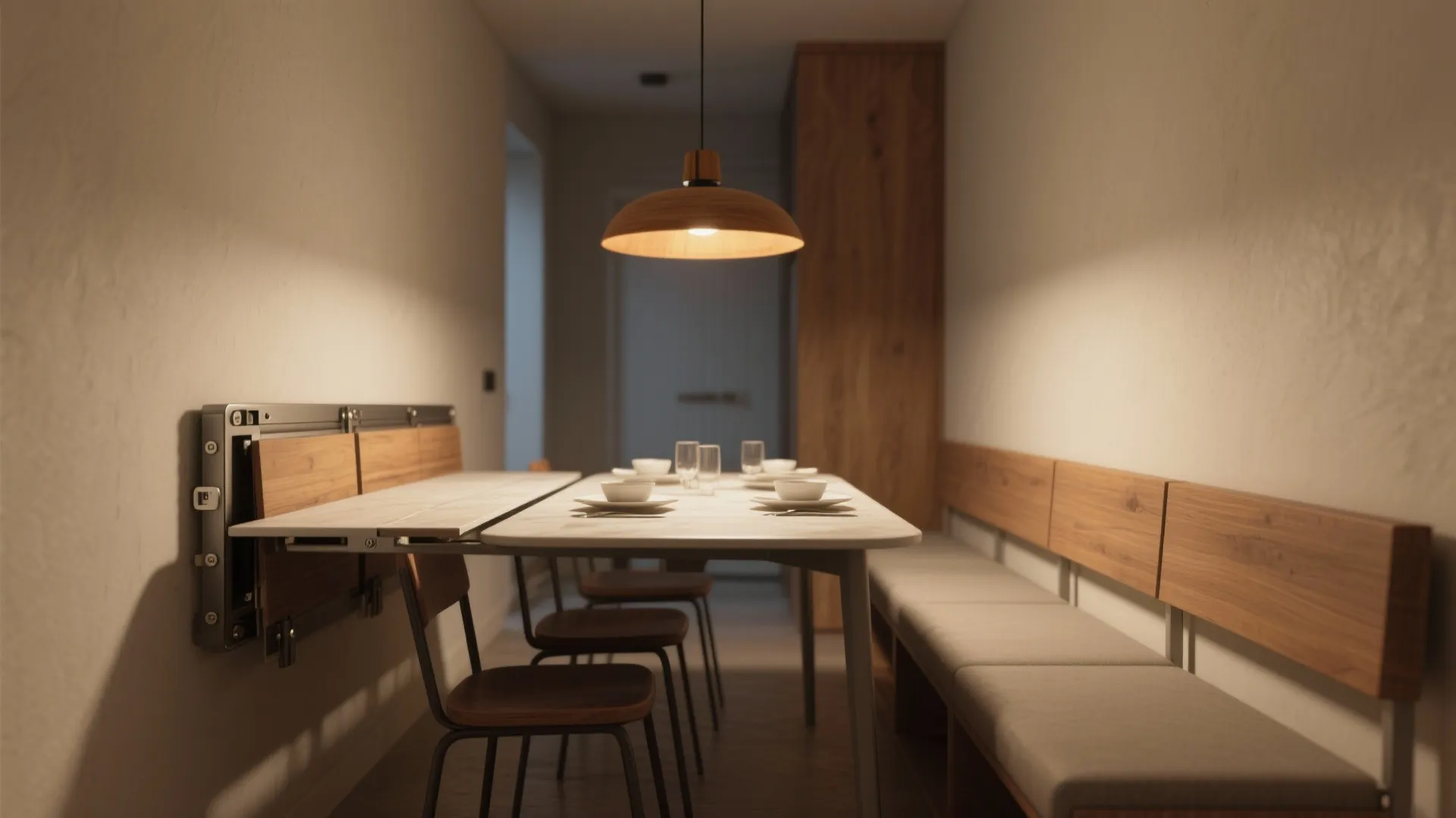Modern dining room with wooden folding table, ceiling light, dark chairs, and long wall bench