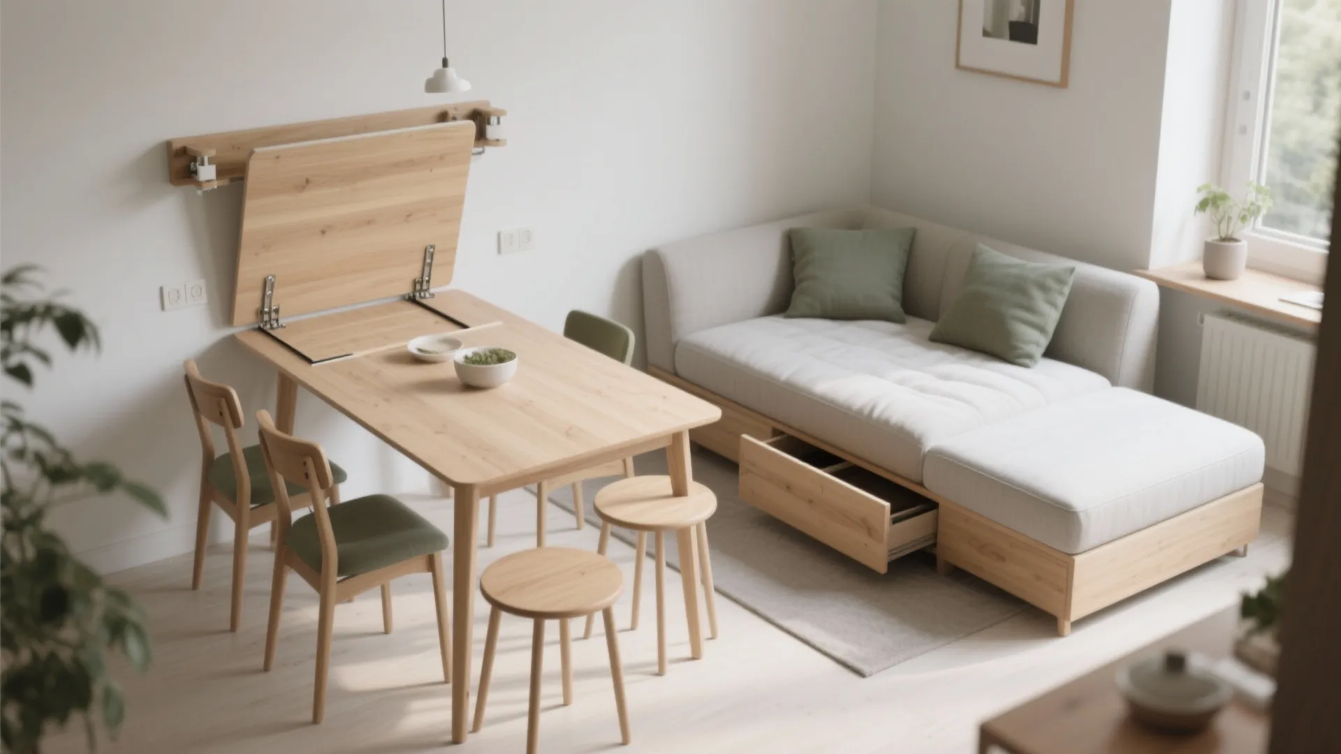 Space saving dining area with wooden foldaway table light grey sofa bed and storage drawers