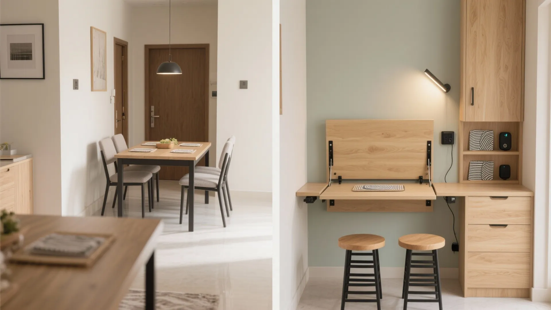 Before and after of a foldaway dining nook with a wall-mounted table, stackable stools, and LED task light in a Pune 1 BHK.