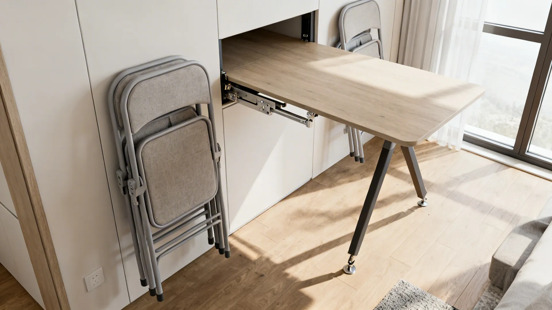 Compact space with a wall-mounted foldaway table deployed and folding chairs stored neatly