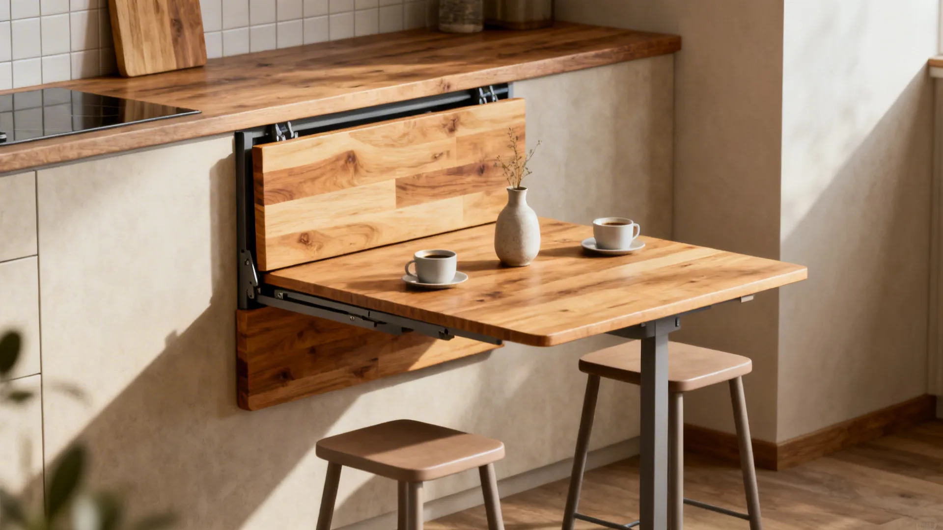 Small kitchen with a fold-away butcher block and wall-mounted drop-leaf table for two.