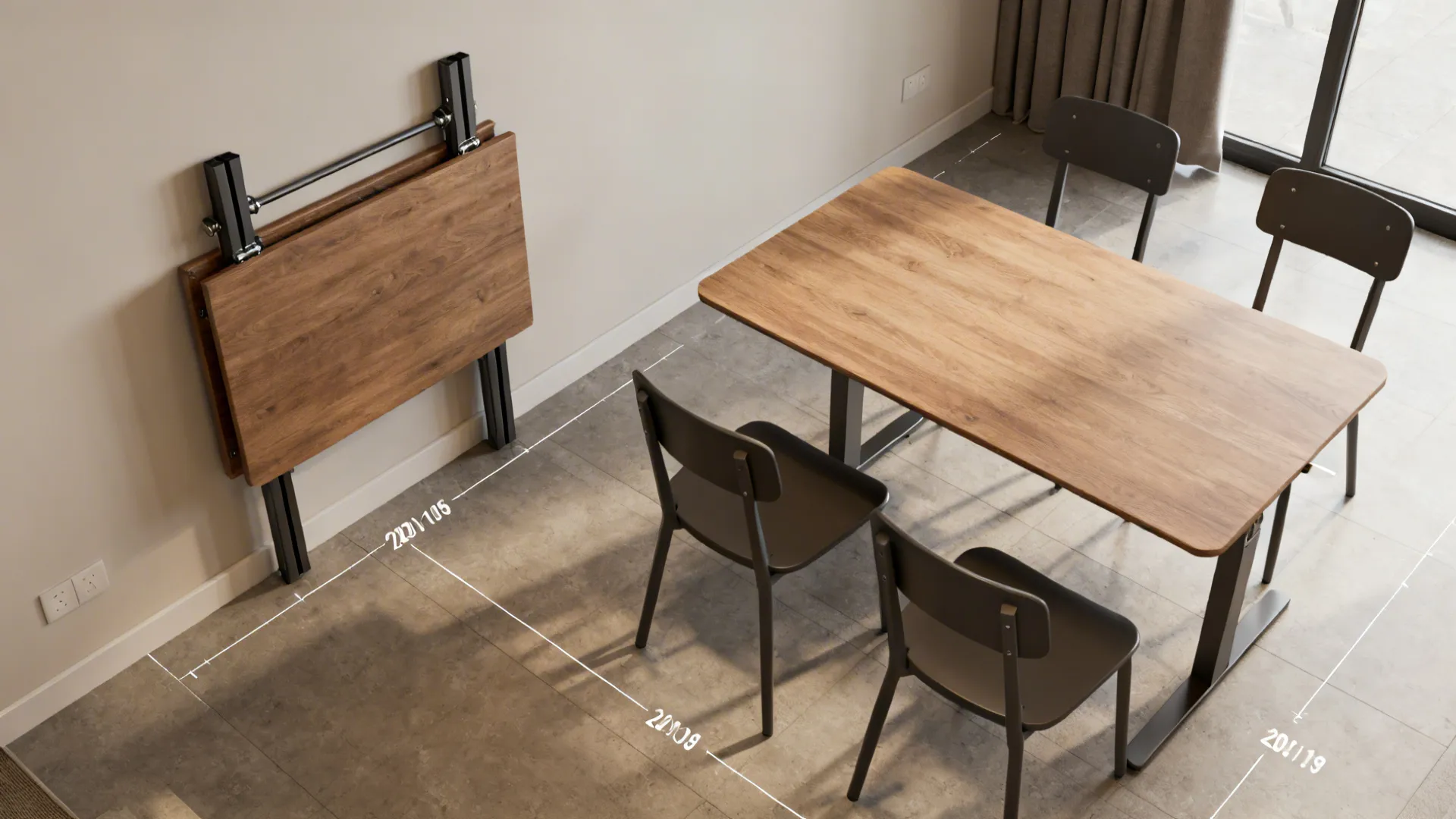 Top-down view of a fold-down dining table shown folded and extended in a compact apartment layout.