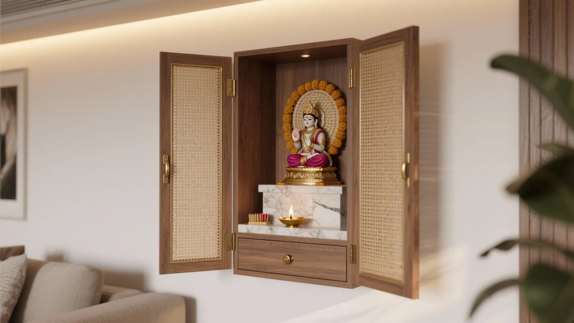 Wall mounted wooden cabinet with open doors showing a colorful statue and small oil lamp