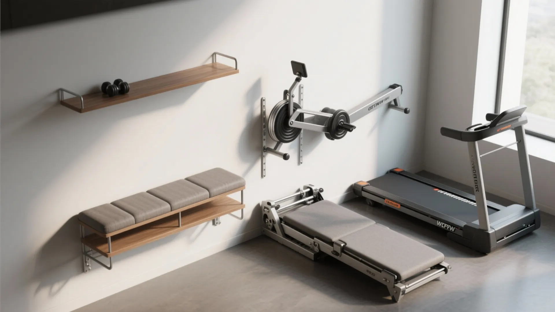 Modern home gym with treadmill foldable workout bench wall mounted exercise equipment and two shelves