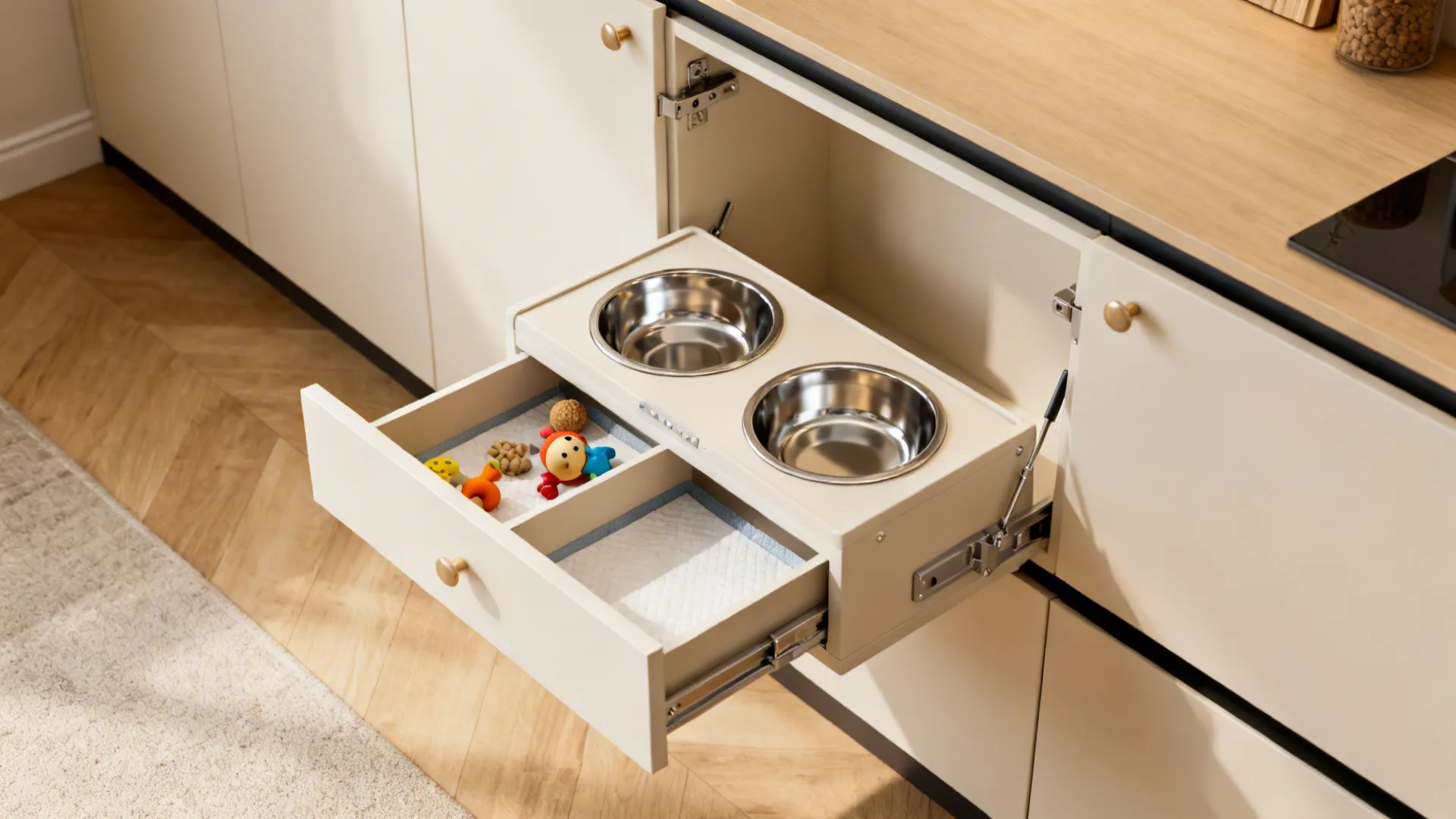 Fold-down feeding panel with bowls, washable liners, and toy storage inside a slim cabinet.