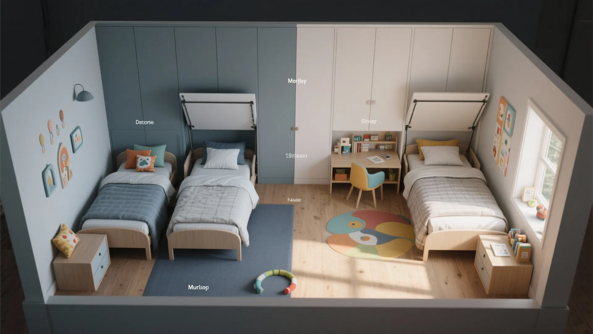 Modern kids bedroom with three beds wall cabinets desk colorful rug wooden floor and natural light